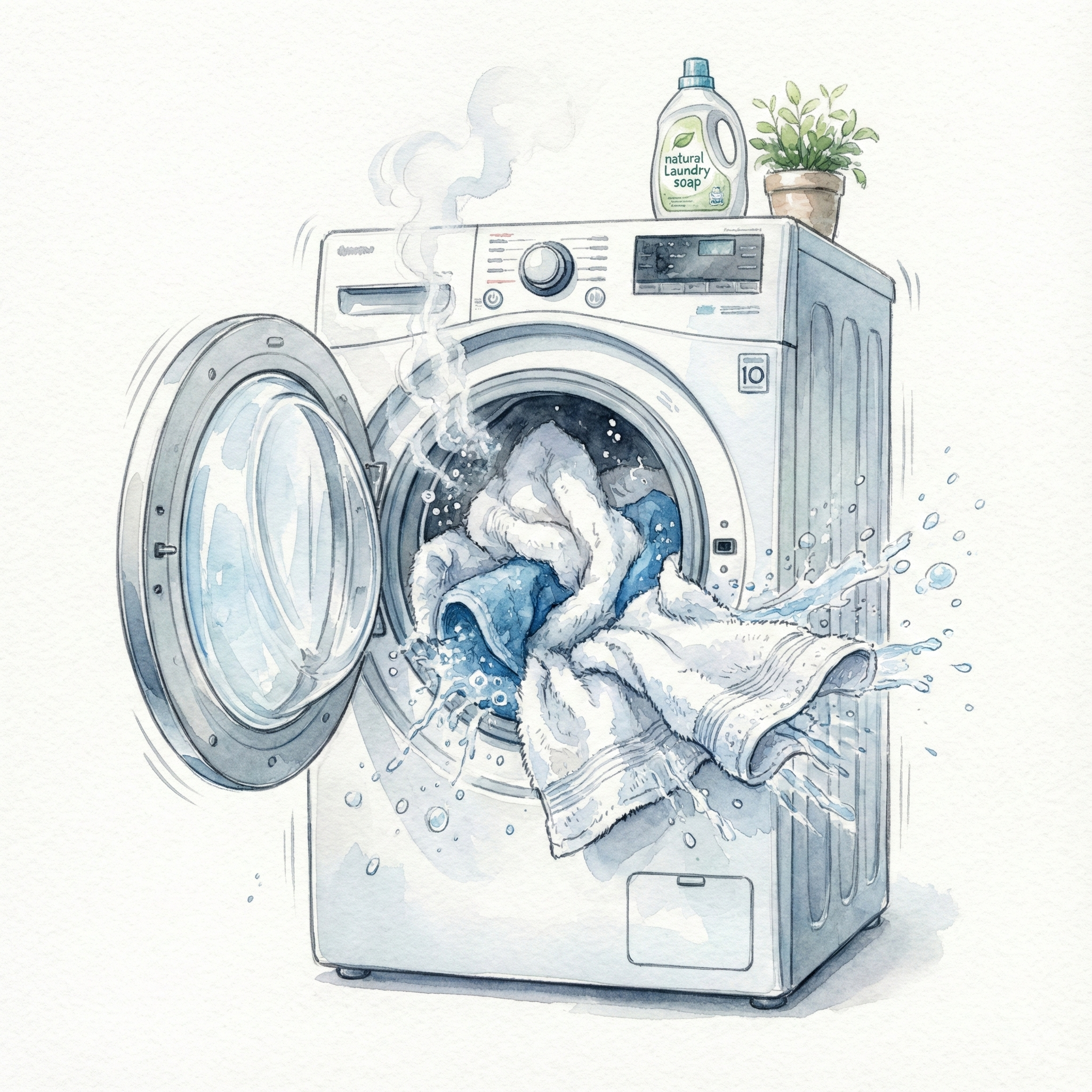 Diagram showing towel pile being crushed flat in a front-loading washing machine