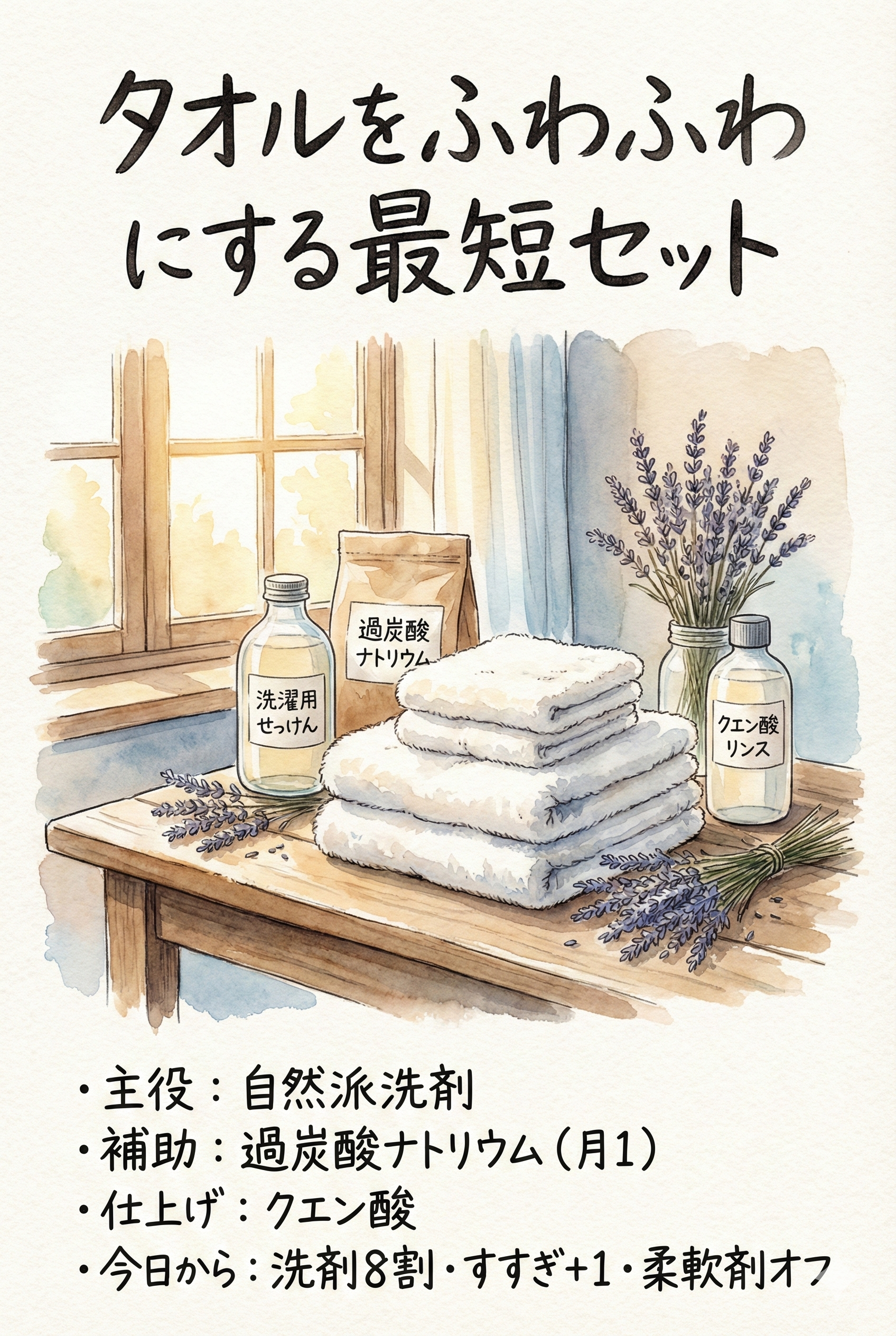 A fluffy towel alongside natural laundry items: soap-based detergent, citric acid, and oxygen bleach