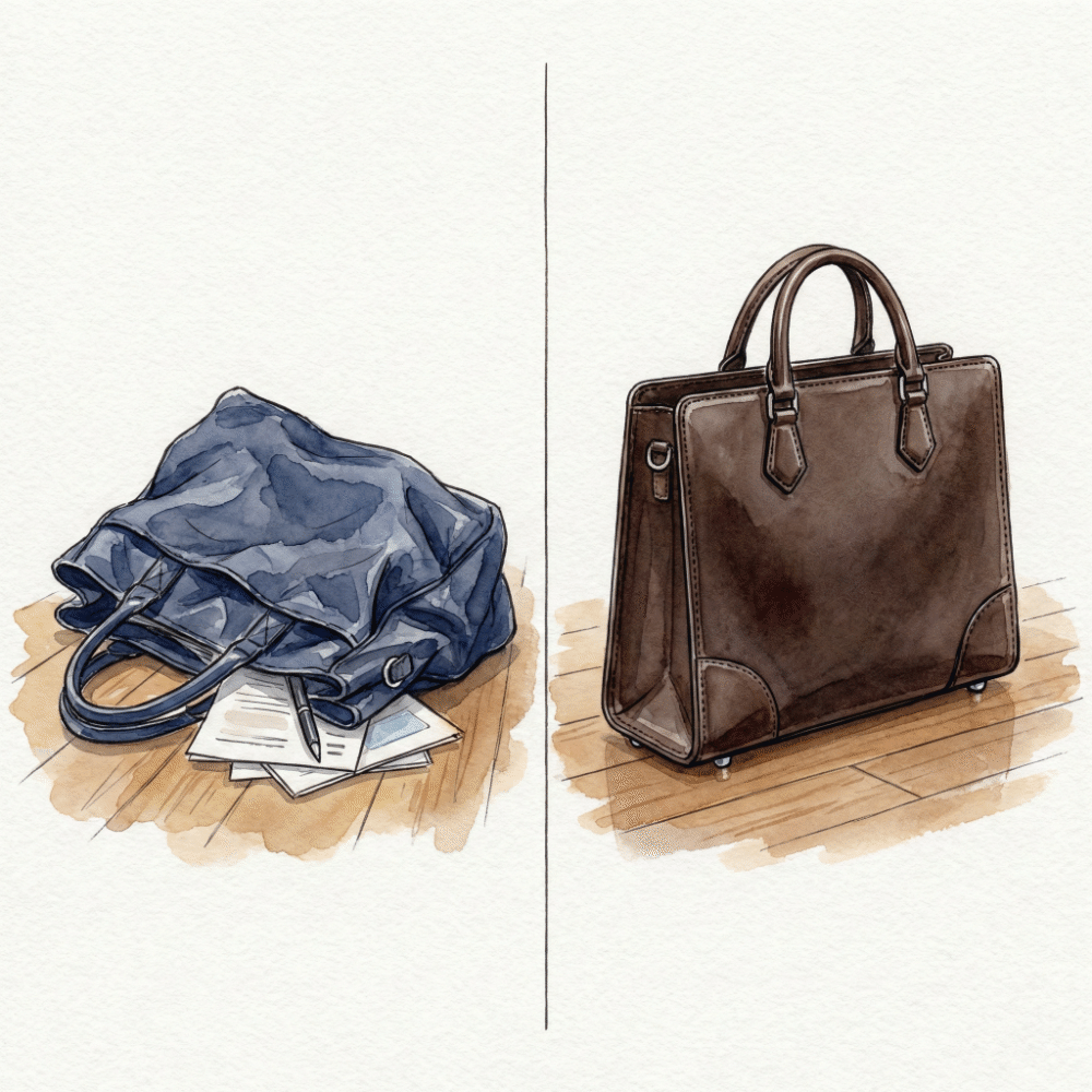 Comparison illustration: a soft nylon bag slumped over on the left, versus a Toyooka-certified bag standing firmly upright on base studs on the right