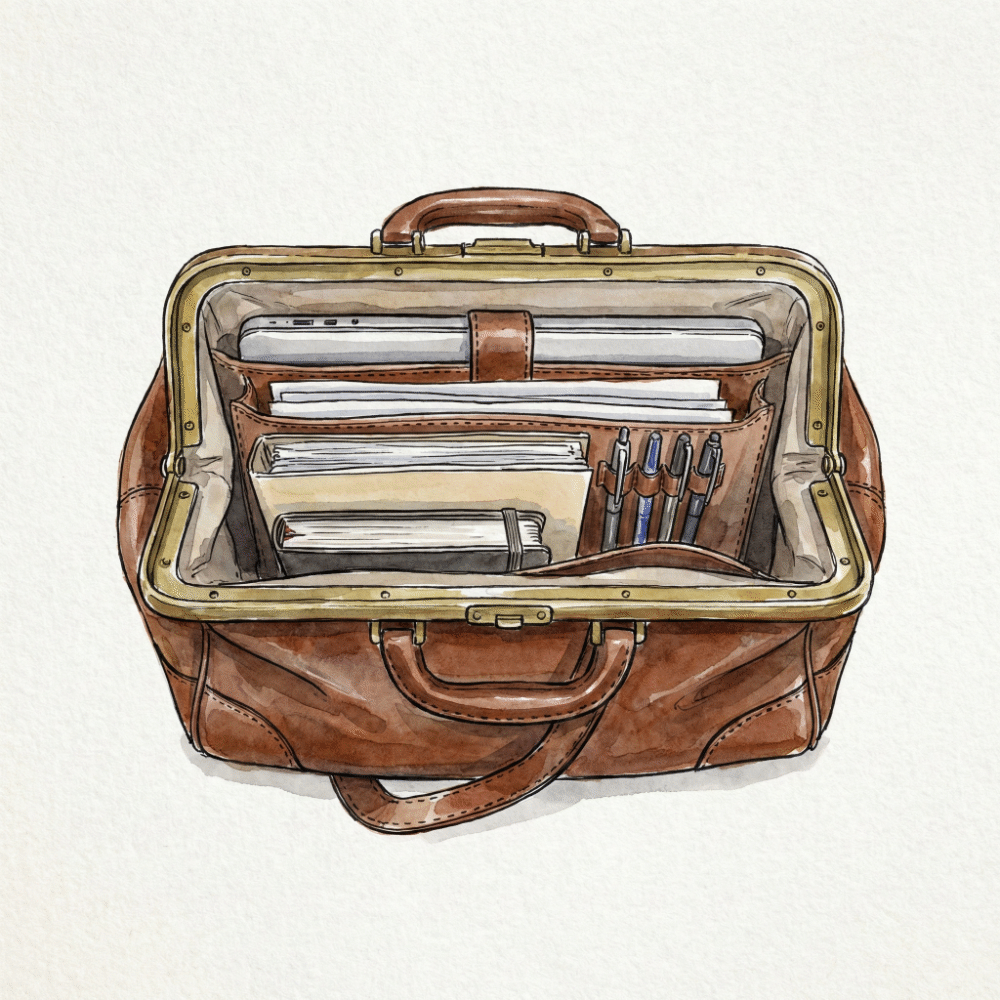 Top-down illustration of a dulles bag with the jaw frame open wide, showing documents, a pen, and a laptop clearly organized and visible inside