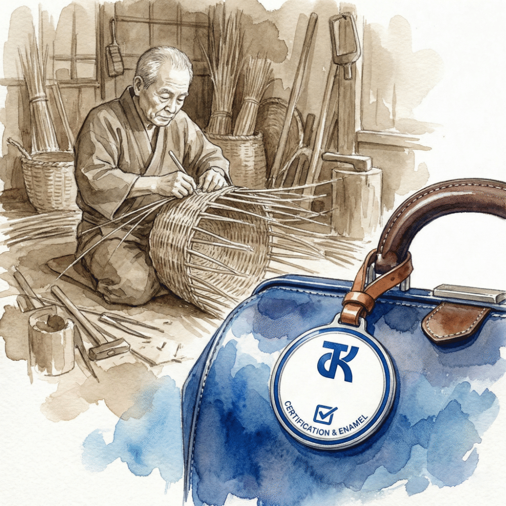 Illustration showing willow-weaving craftwork alongside the modern Toyooka Kaban certification mark — a bag silhouette with a willow leaf motif