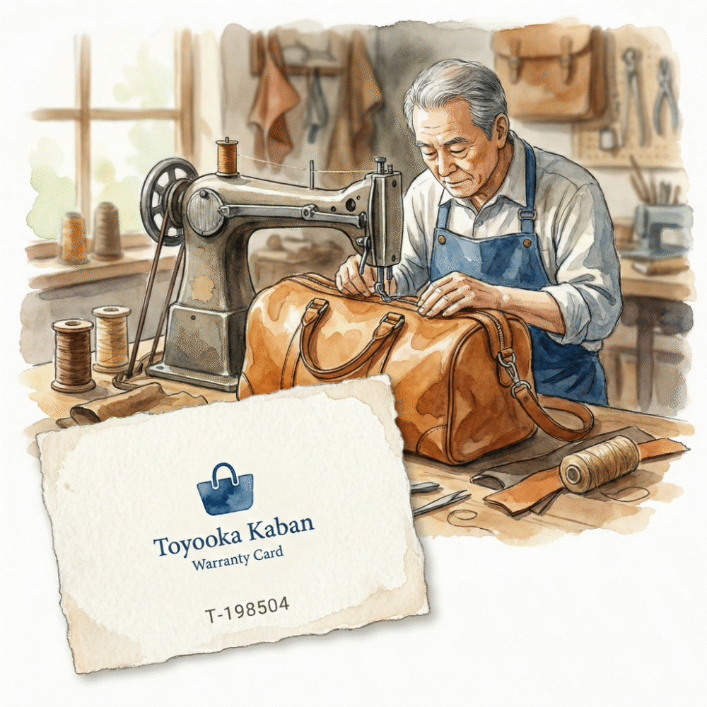 Illustration of a Toyooka Kaban warranty card with serial number, alongside a craftsperson repairing a bag on a sewing machine