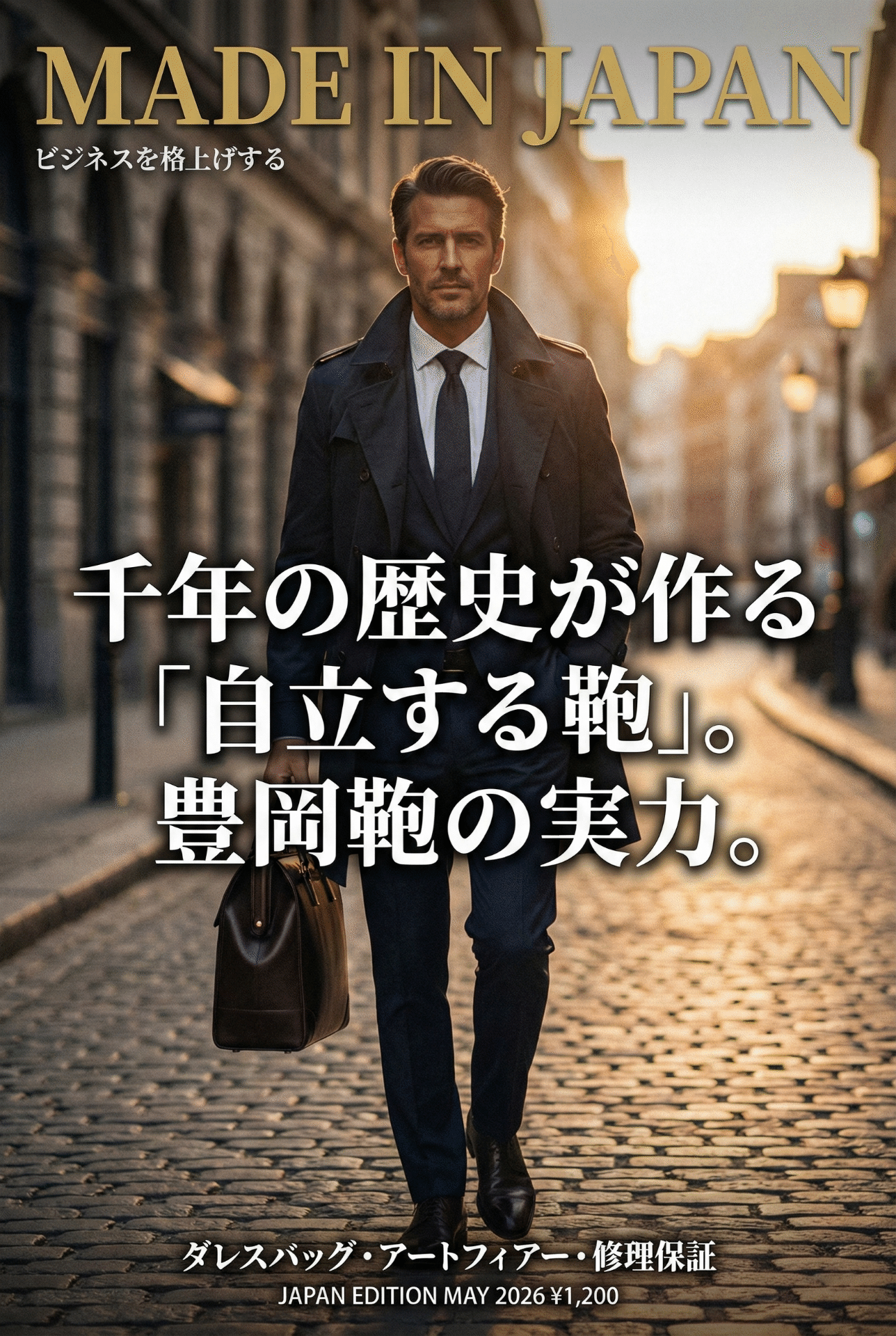 A well-used Toyooka certified bag standing upright beside an office desk — structured, confident, and aged with character