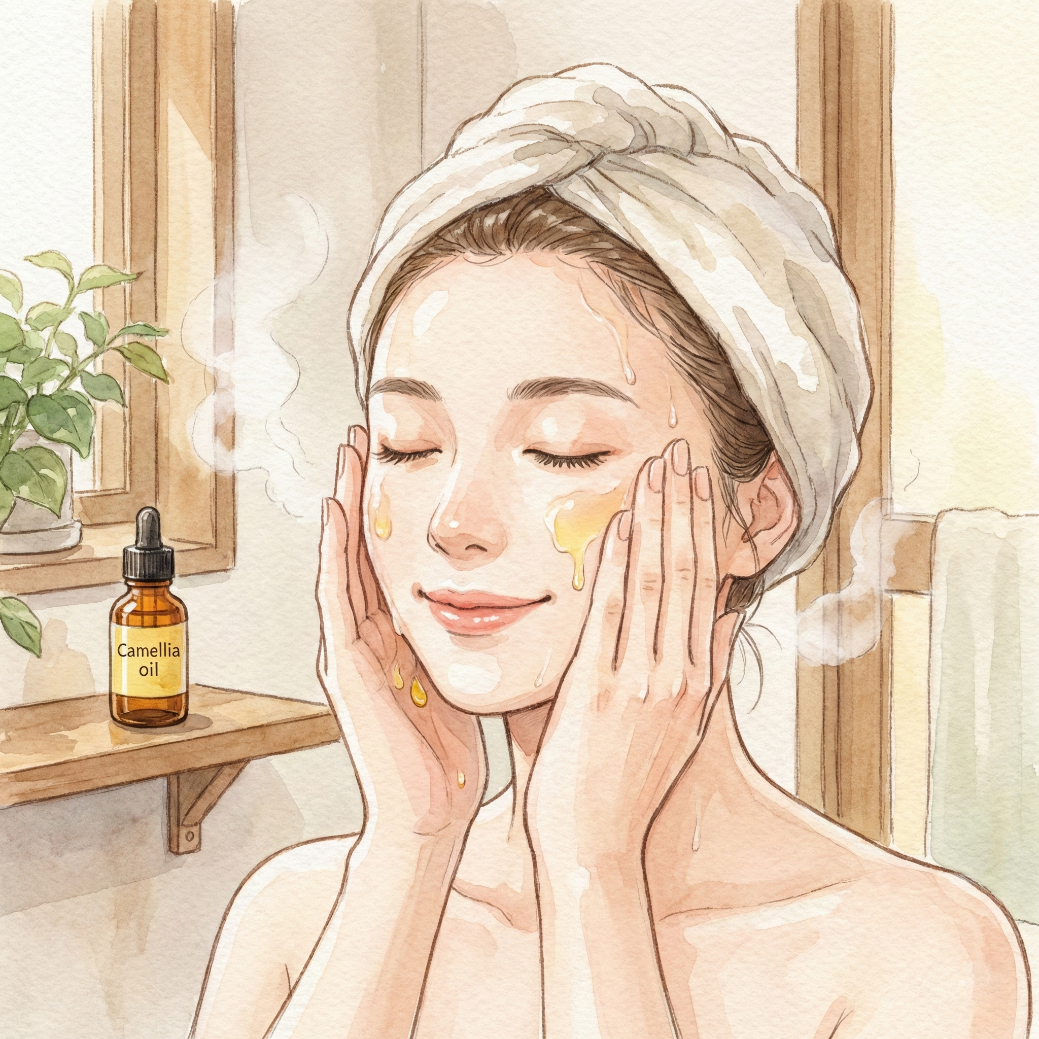 Illustration of applying a thin layer of tsubaki oil as a toner booster after cleansing