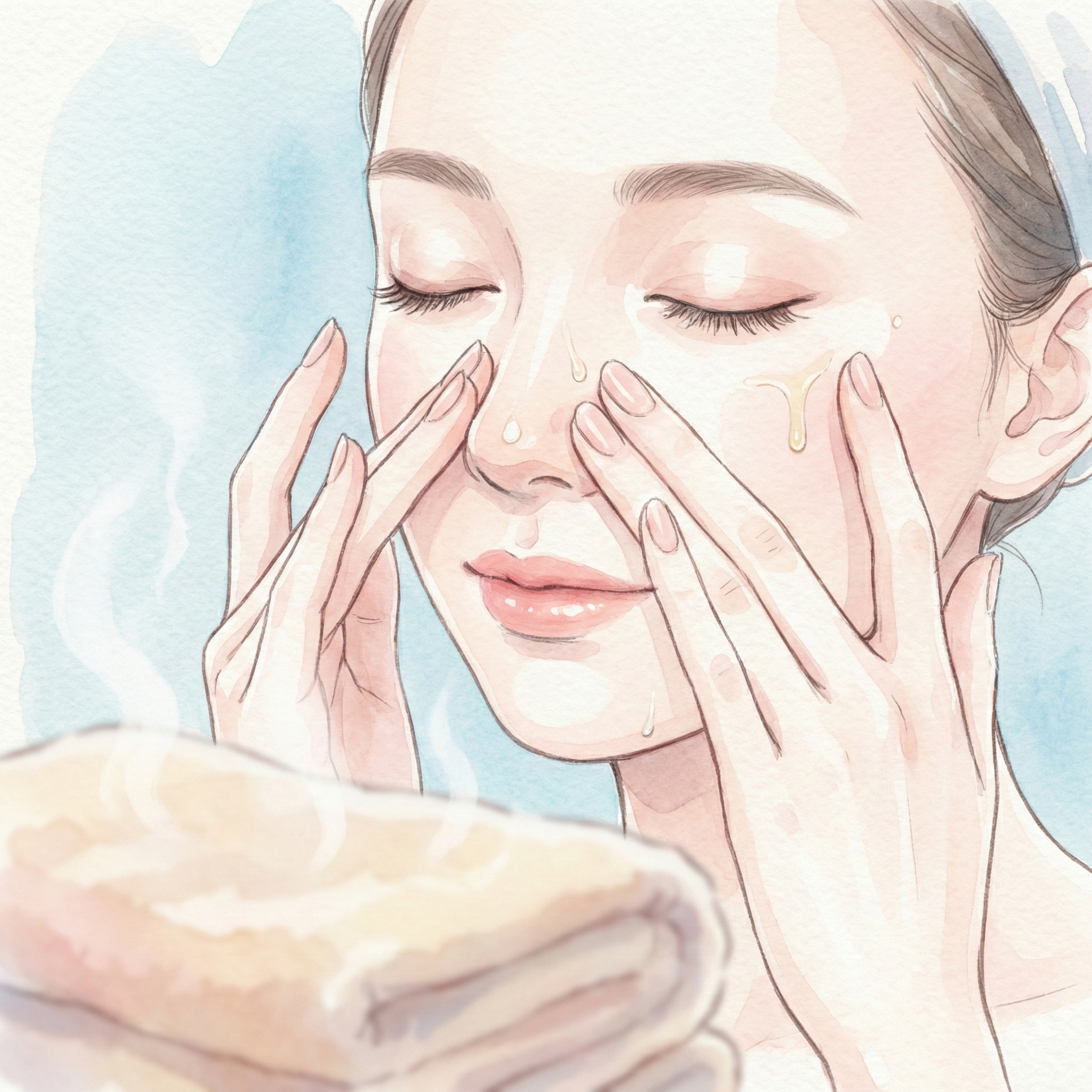 Illustration of applying tsubaki oil to dry face for oil cleansing
