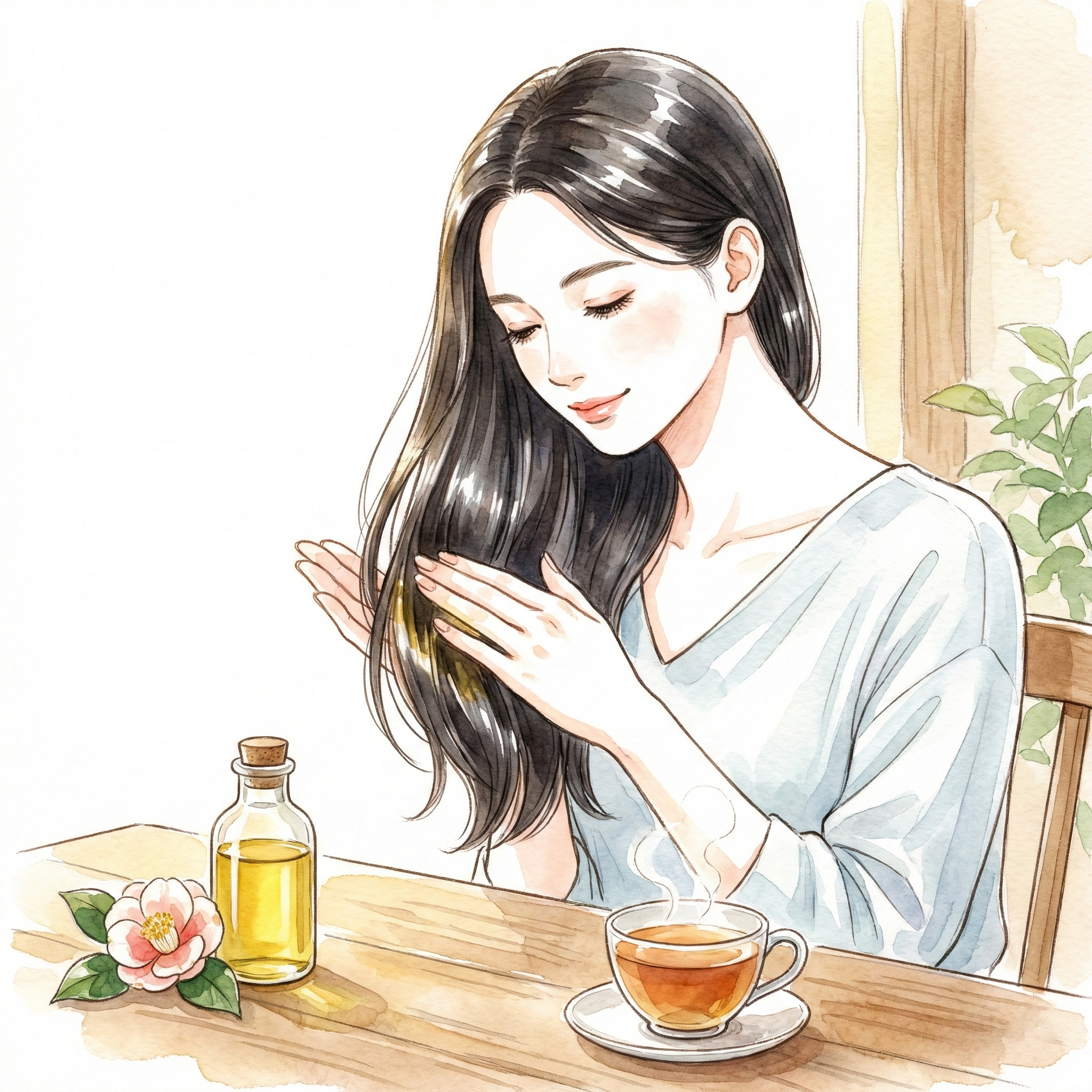 Illustration of working tsubaki oil through hair for wet styling