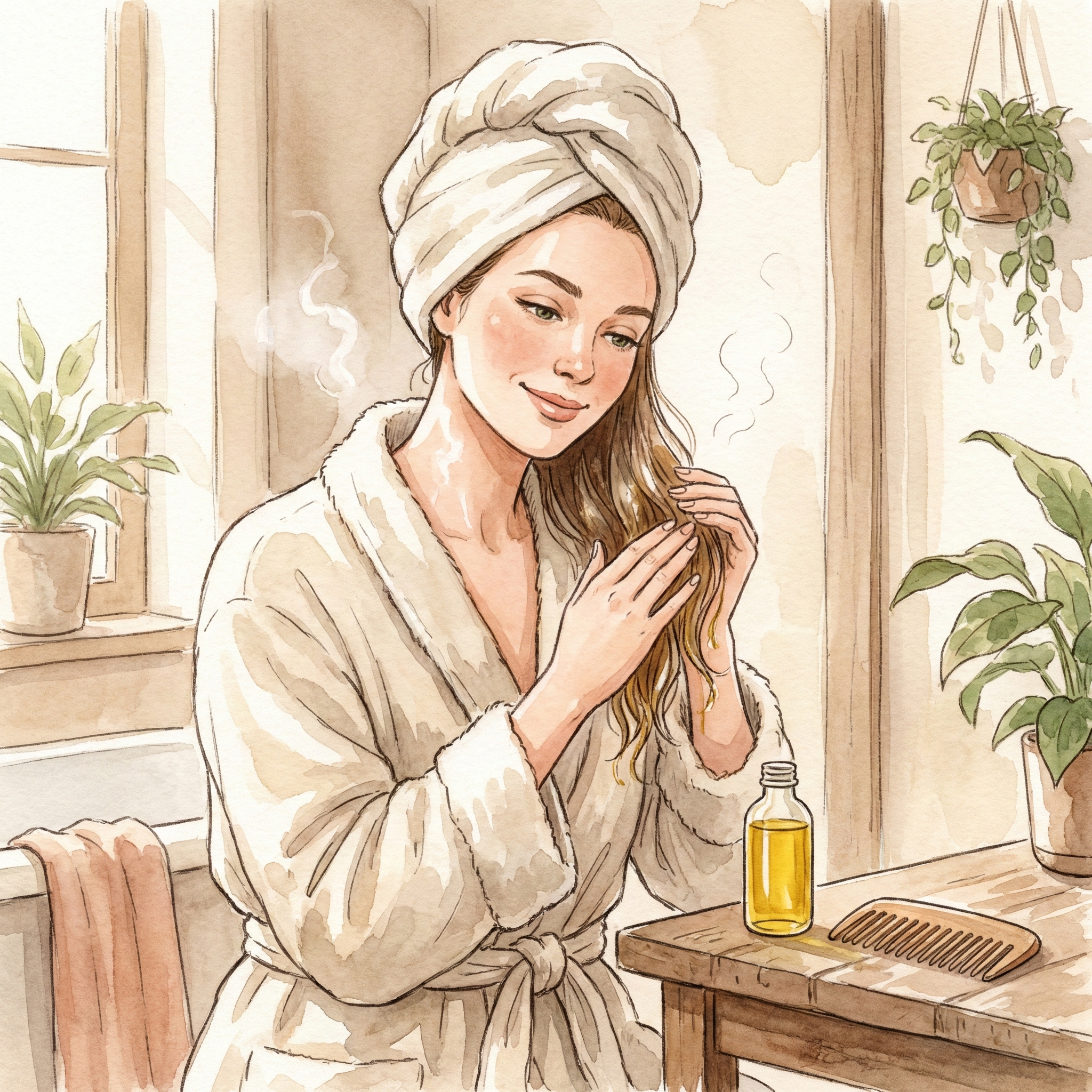 Illustration of working tsubaki oil into damp hair ends after towel drying