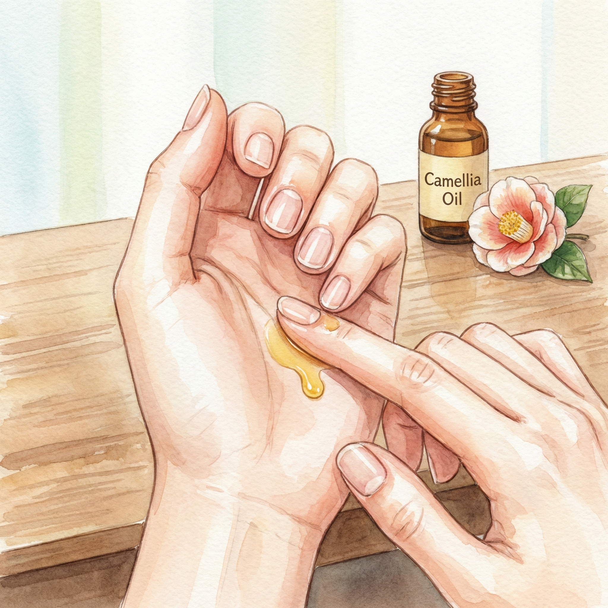 Illustration of rubbing tsubaki oil into fingertips and nails for nail care