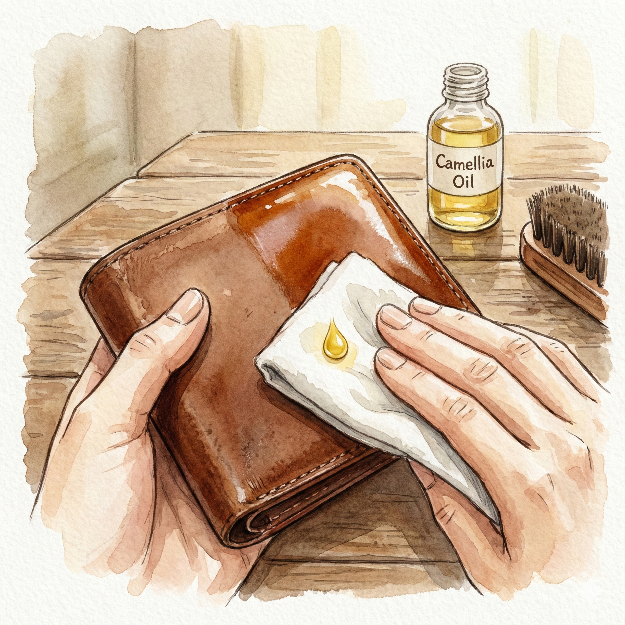 Illustration of applying tsubaki oil to a leather bag for conditioning