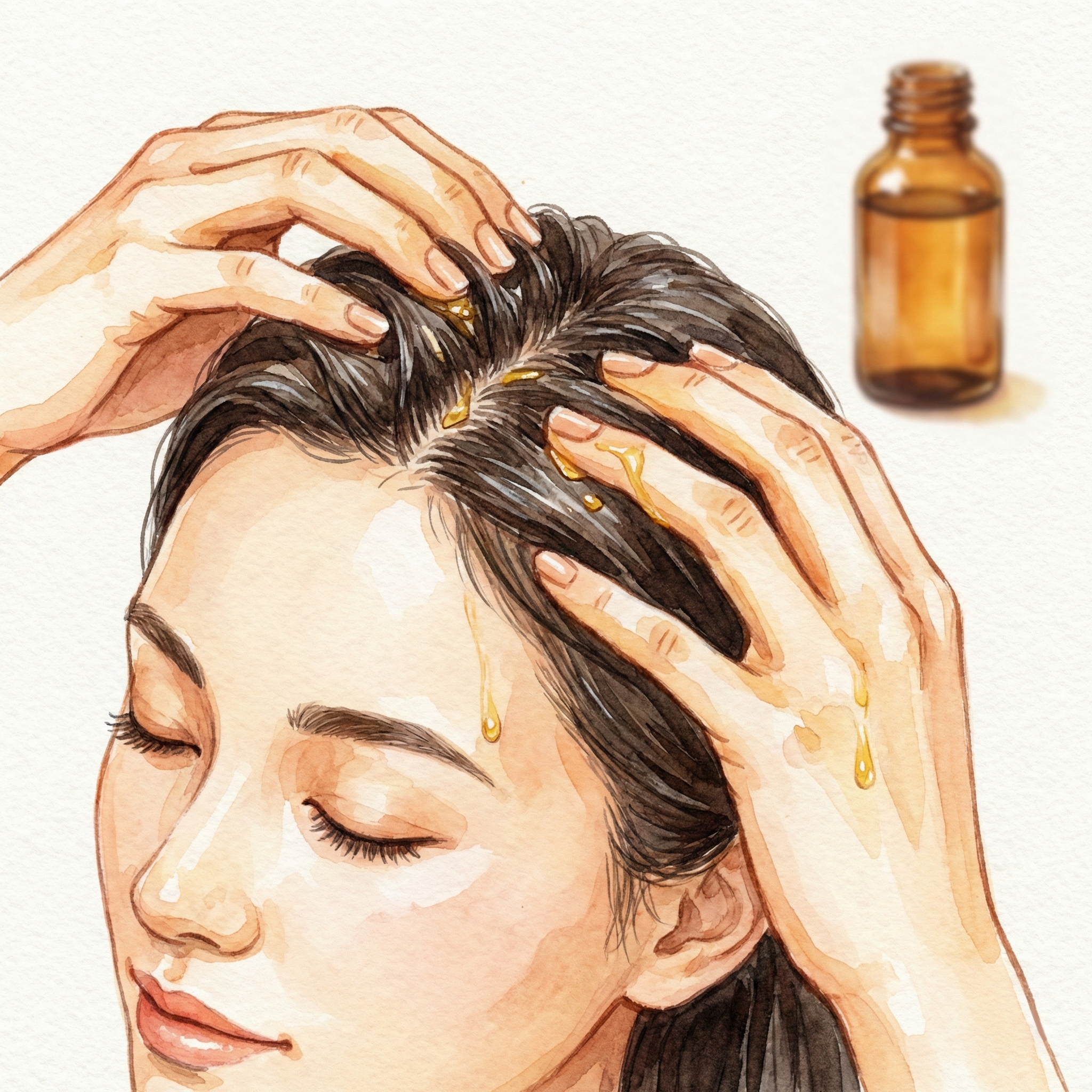 Illustration of massaging tsubaki oil into dry scalp before shampooing