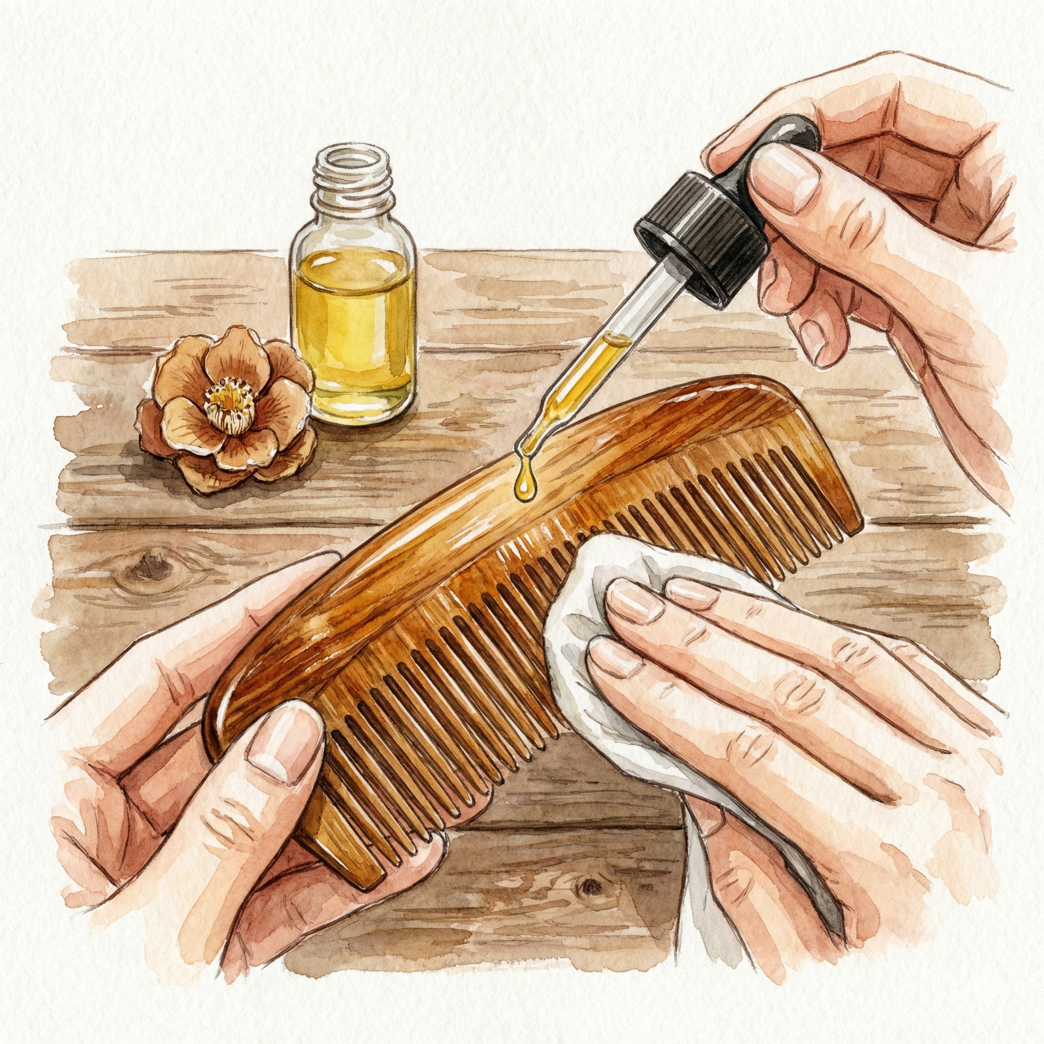 Illustration of applying tsubaki oil to a tsuge wooden comb for conditioning