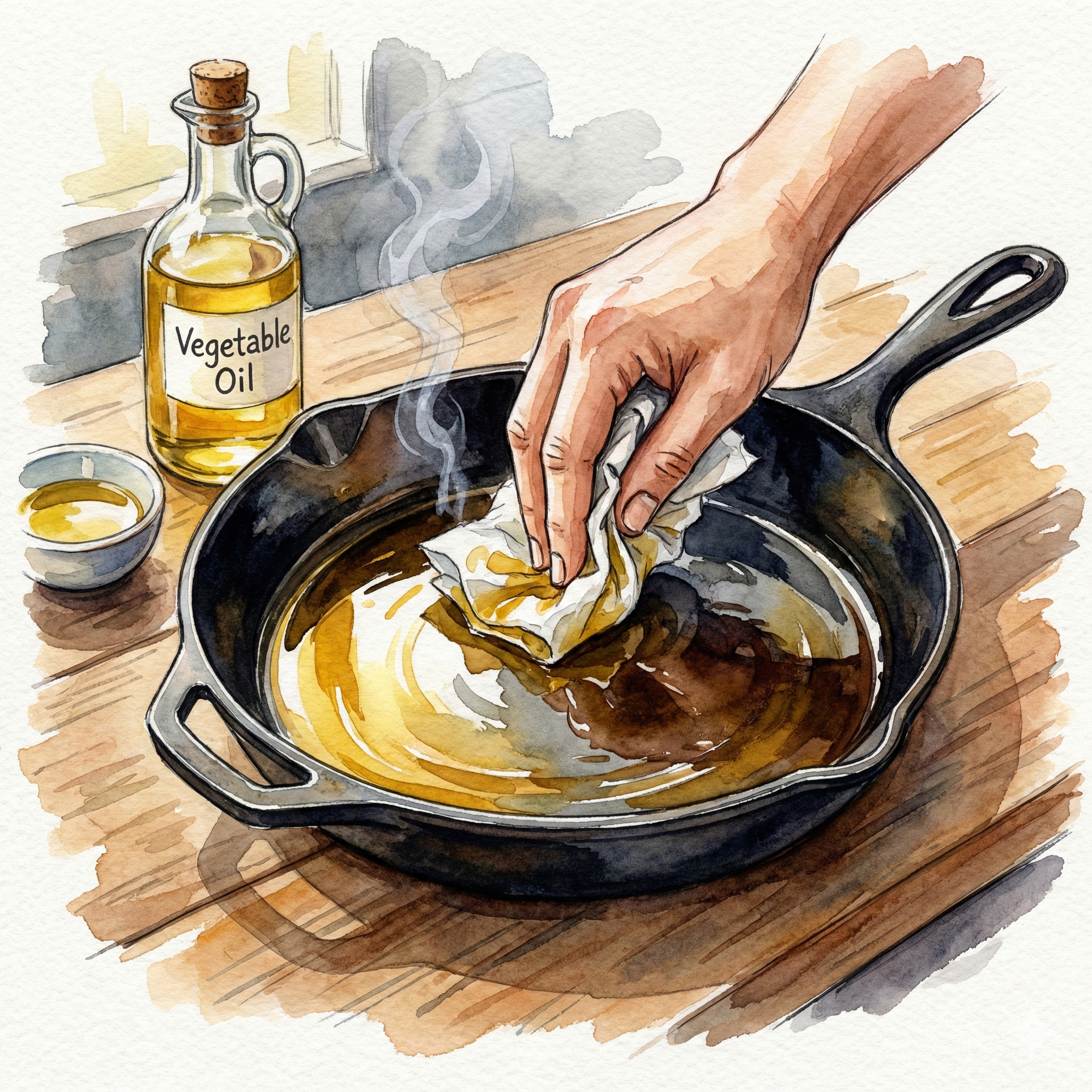 Illustration of wiping a thin coat of tsubaki oil on a cast iron pan to prevent rust