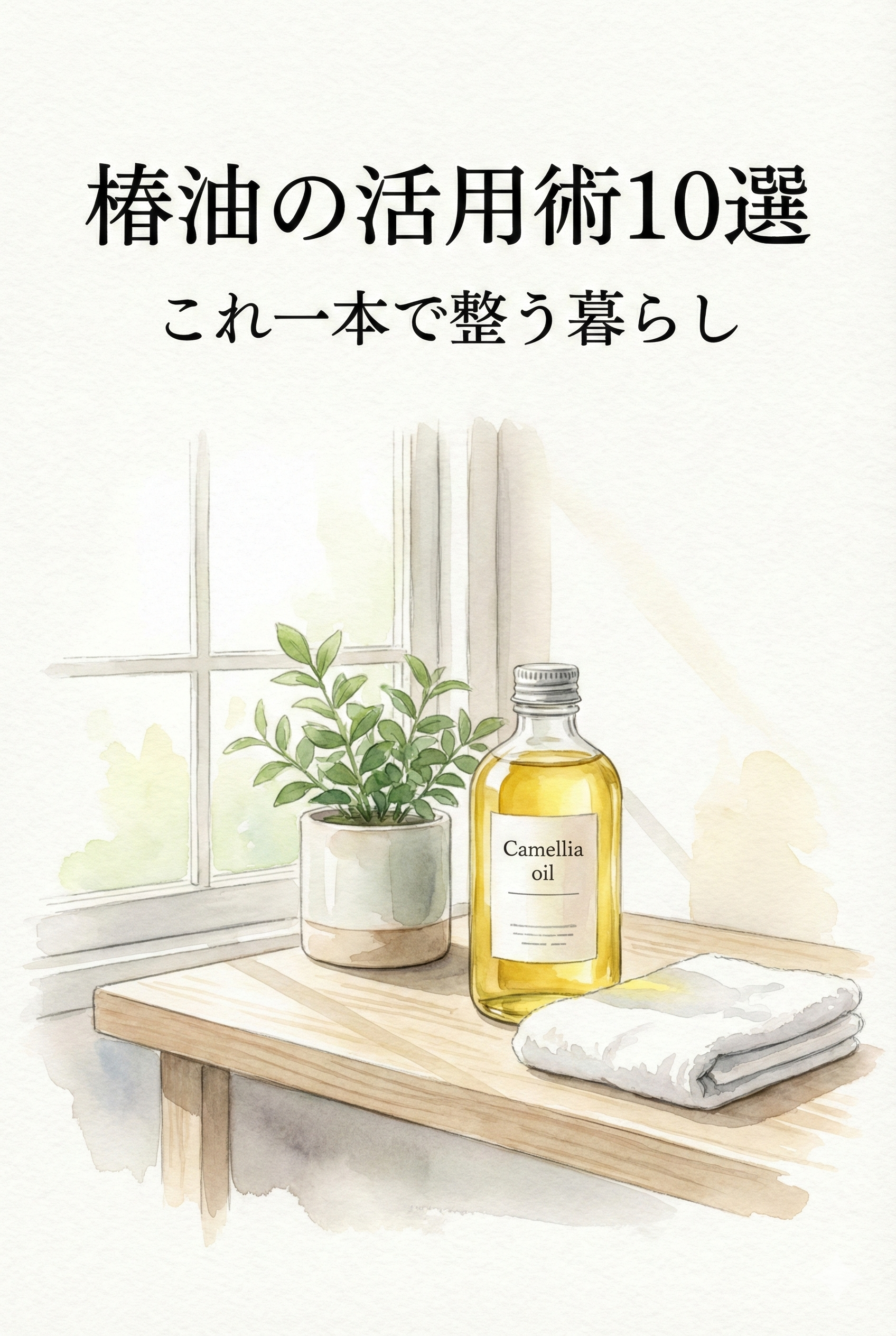 A bottle of tsubaki oil on a clean bathroom counter, representing a minimalist lifestyle