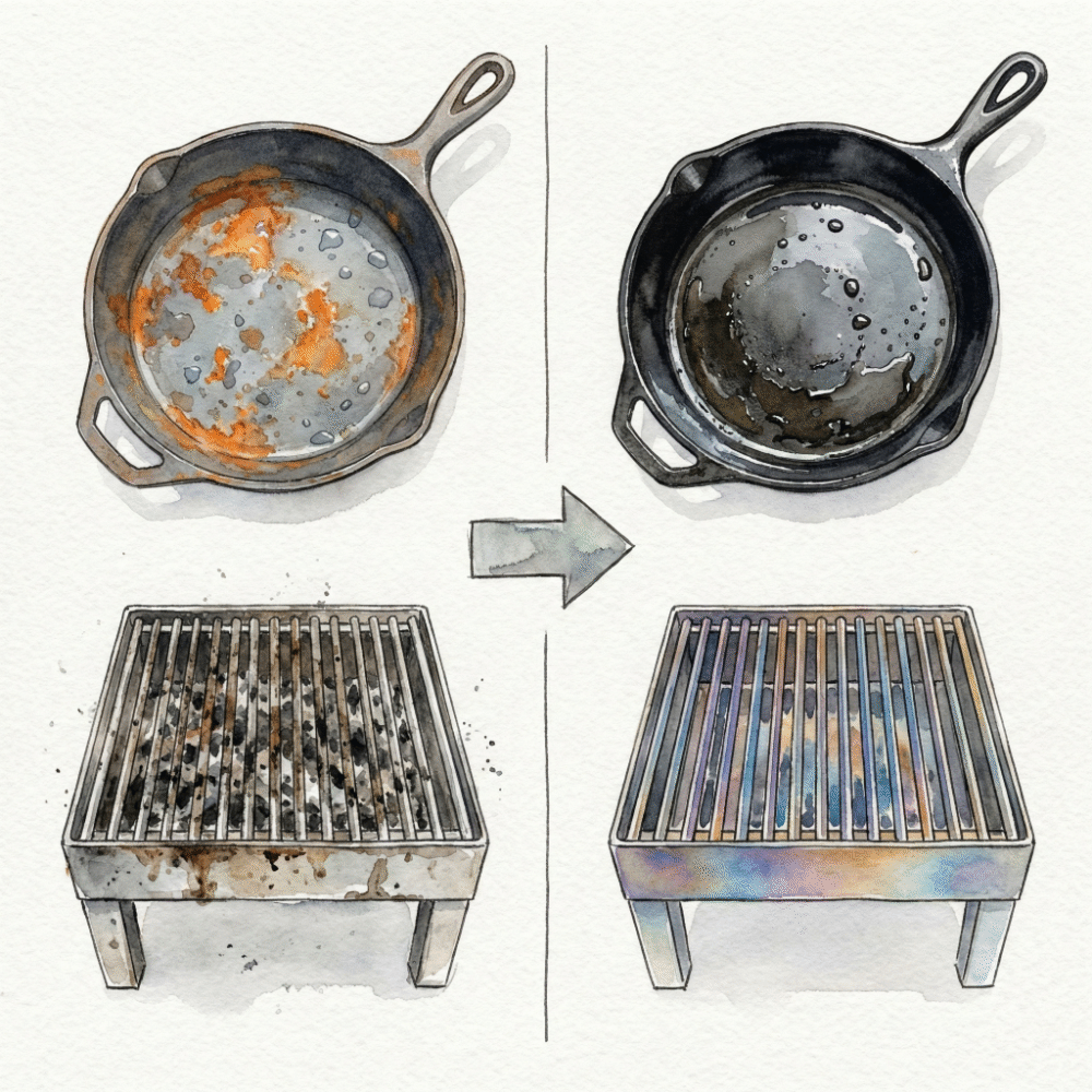Illustration showing two care routines: scrubbing a fire grill under water with a brush, and applying a thin coat of oil to a cast iron skillet after drying