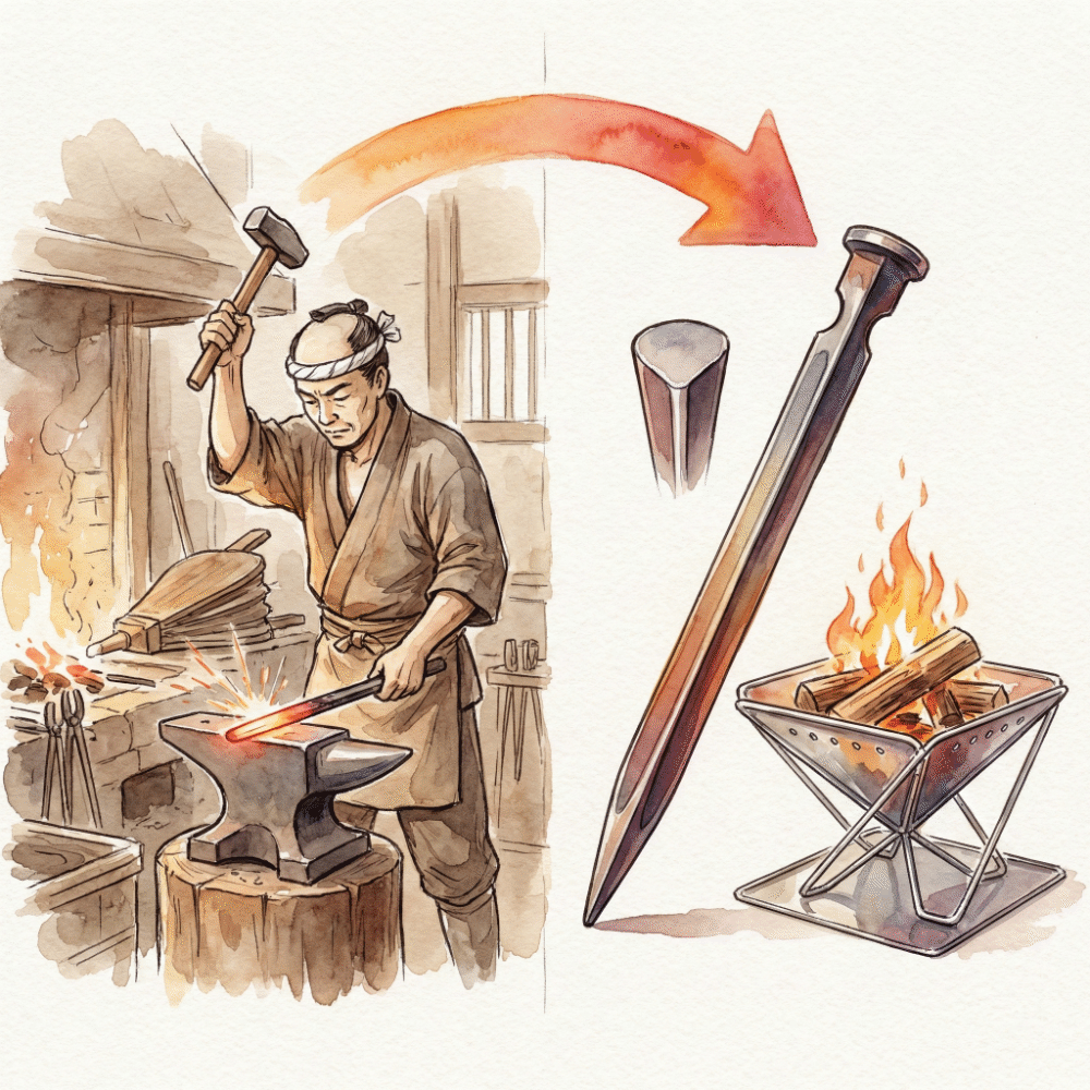 Illustration of an Edo-period Tsubame craftsperson forging iron at an anvil — the origin of the region's 300-year metalworking tradition