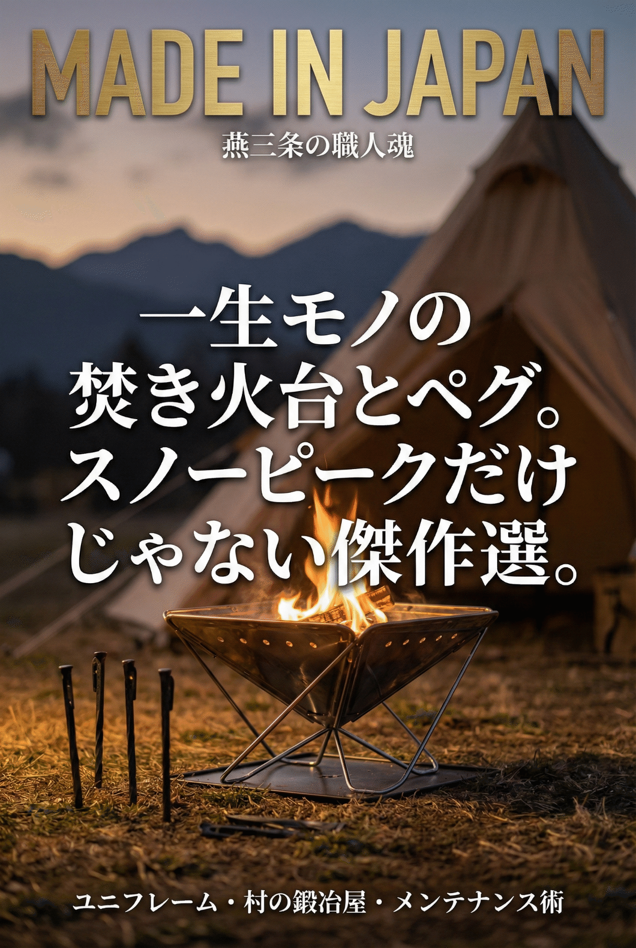 A campsite at dusk with a UNIFLAME fire grill lit and forged stakes in the foreground — Tsubame-Sanjo gear in its natural setting
