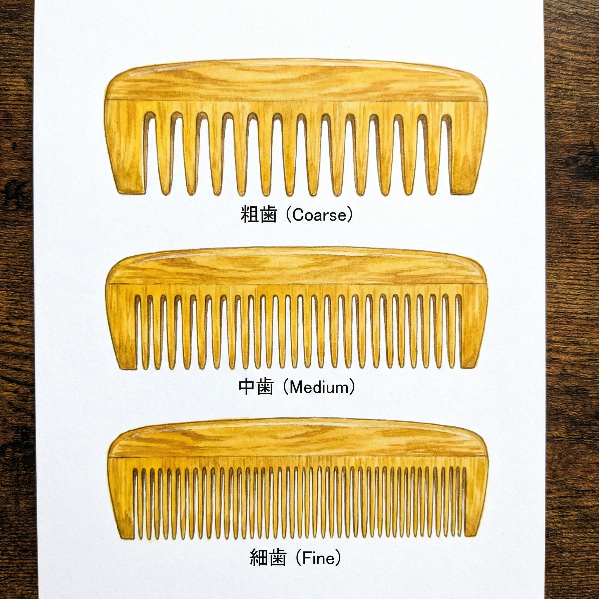 Comparison illustration of three tsugegushi types: wide-tooth, medium-tooth, and fine-tooth