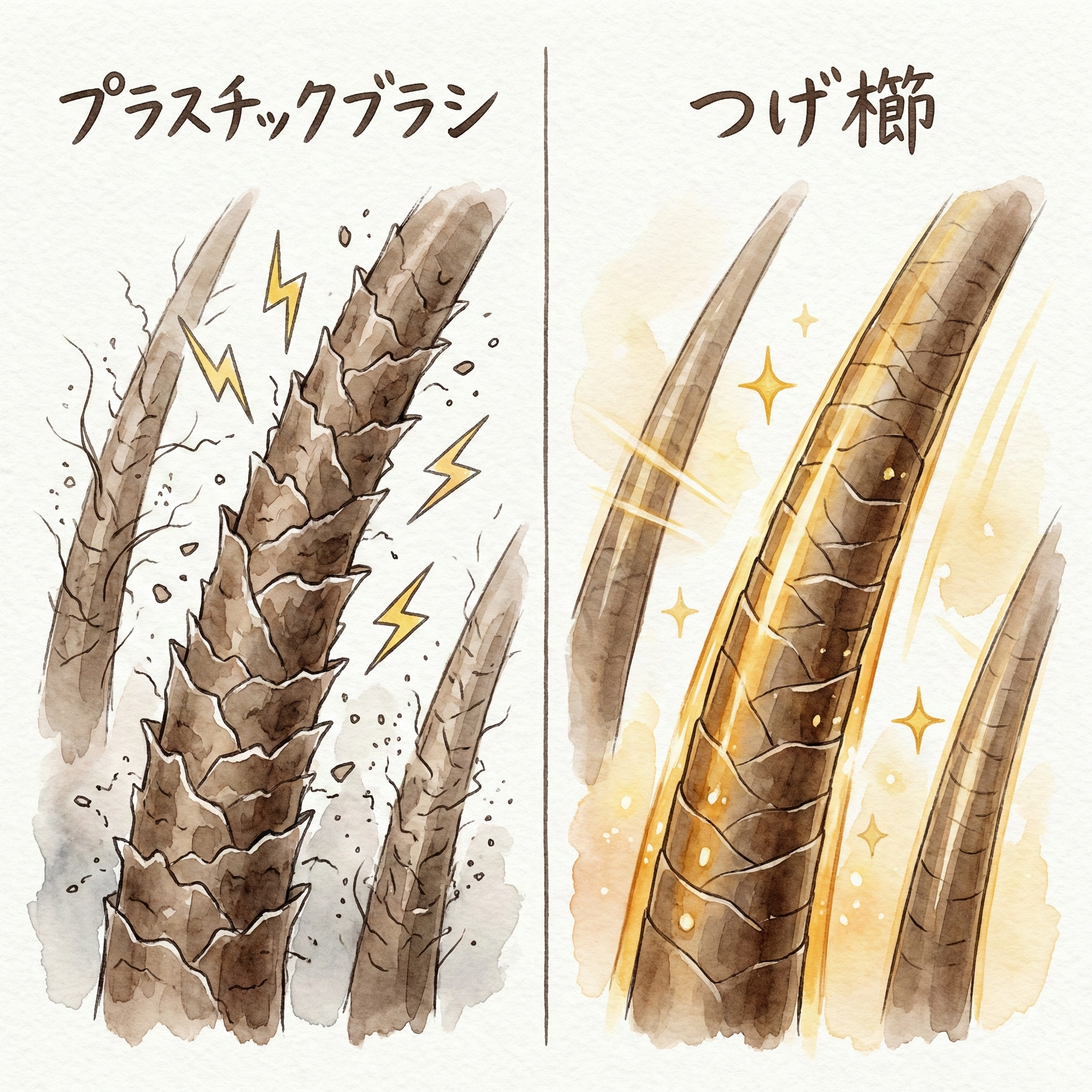 Before and after comparison: hair with plastic brush static and lifted cuticles vs. hair smoothed and coated by a tsugegushi and camellia oil
