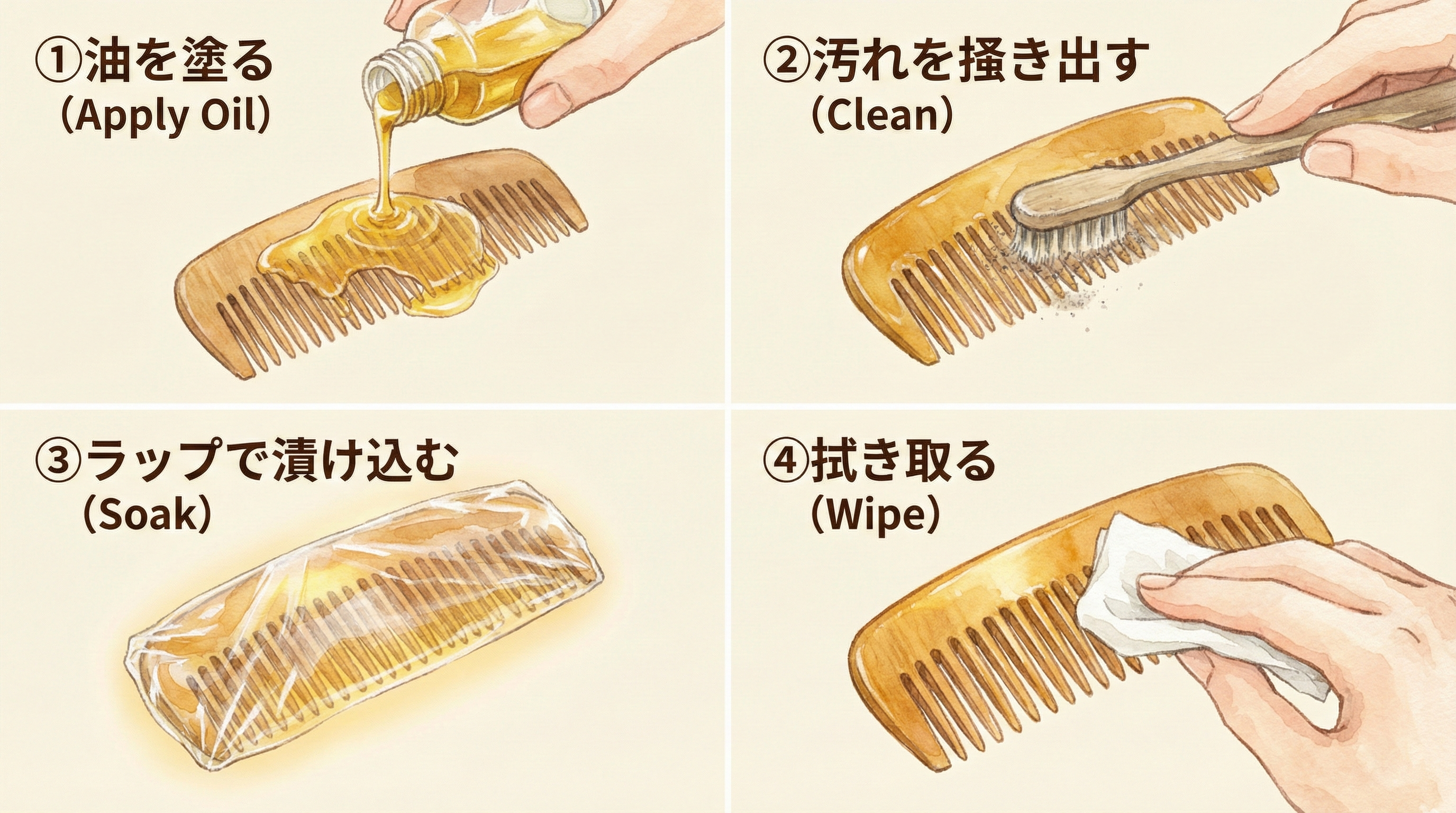 Four-step tsugegushi care process: applying camellia oil, brushing between teeth, wrapping in plastic for oil-soaking, final wipe-down