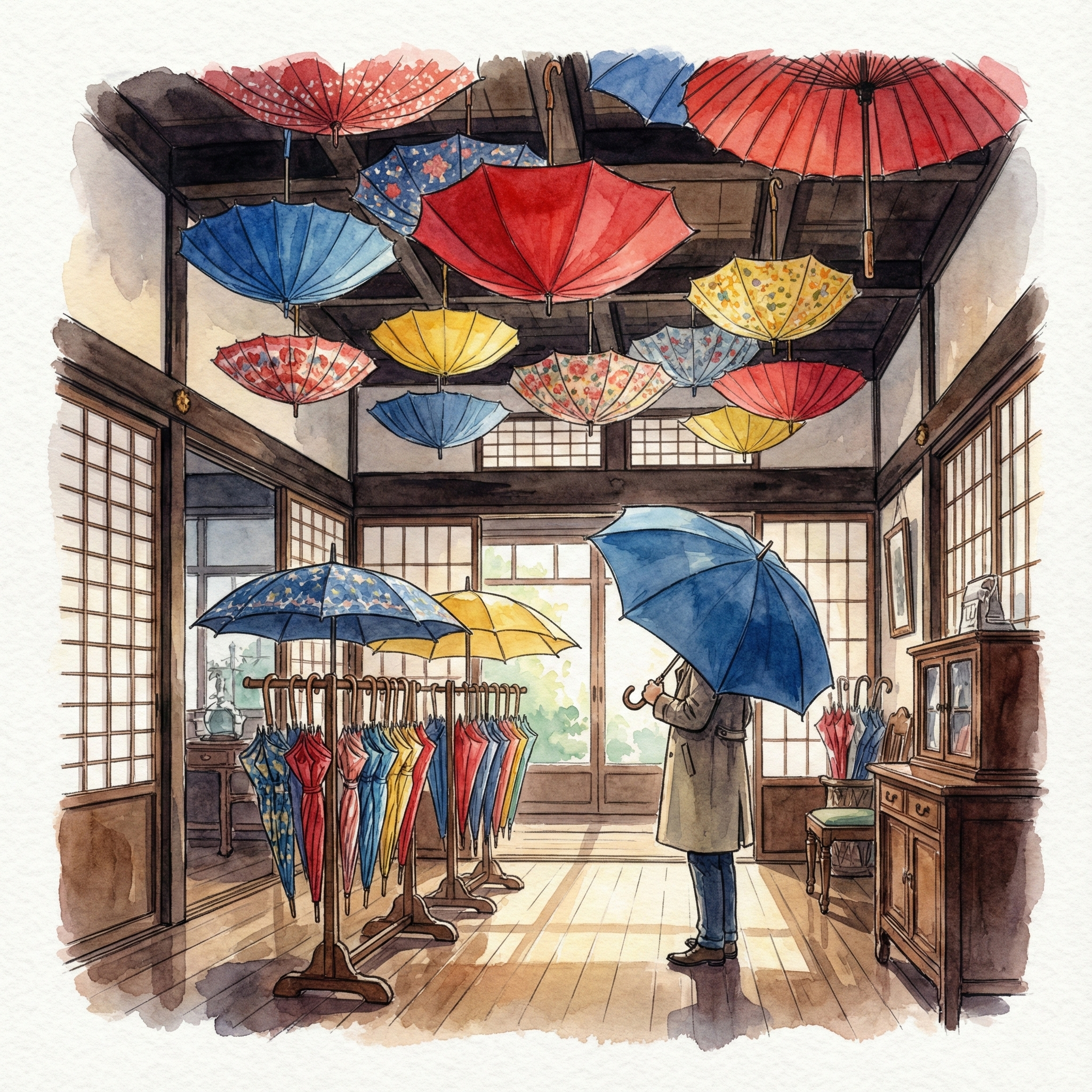 Illustration of the Komiya Shoten showroom in Higashi-Nihonbashi, Tokyo — rows of Koshu-ori umbrellas in vivid colours on display