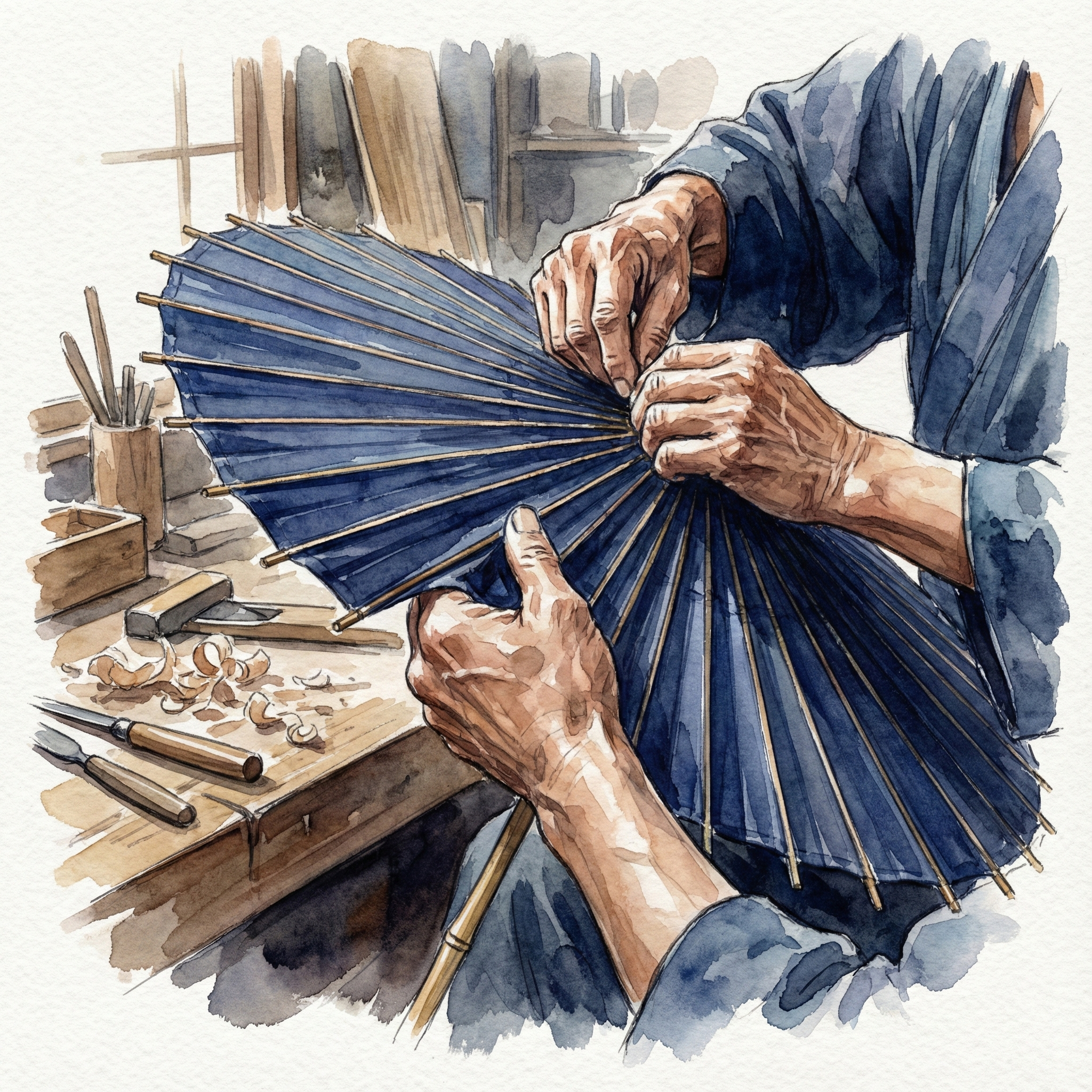 Illustration of a craftsperson tensioning umbrella canopy fabric over a wooden form — the key skill in Japanese umbrella making