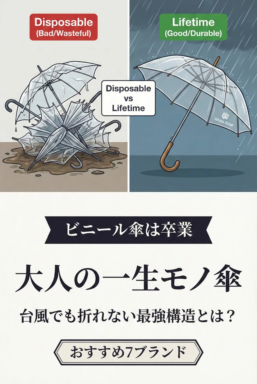 An elegant 16-rib Japanese umbrella open in rain, water beading off the Koshu-ori canopy surface