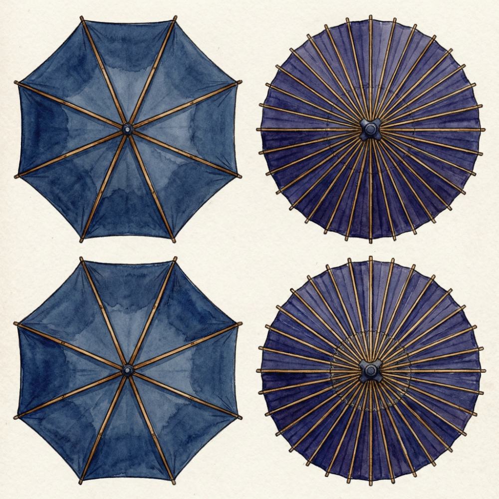 Overhead view comparing an 8-rib umbrella (angular silhouette) with a 16-rib umbrella (near-perfect circle)
