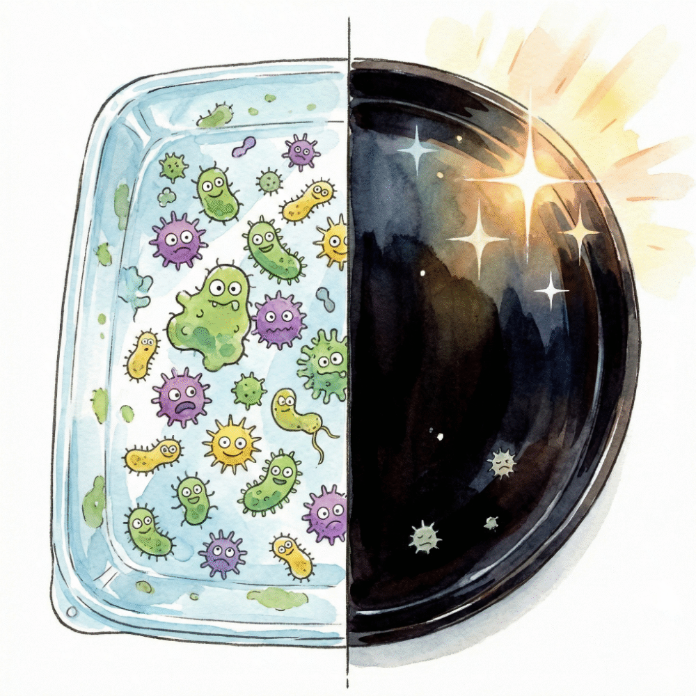 Illustration comparing bacterial growth on a lacquer bowl surface versus a plastic bowl surface — showing the antibacterial advantage of urushi