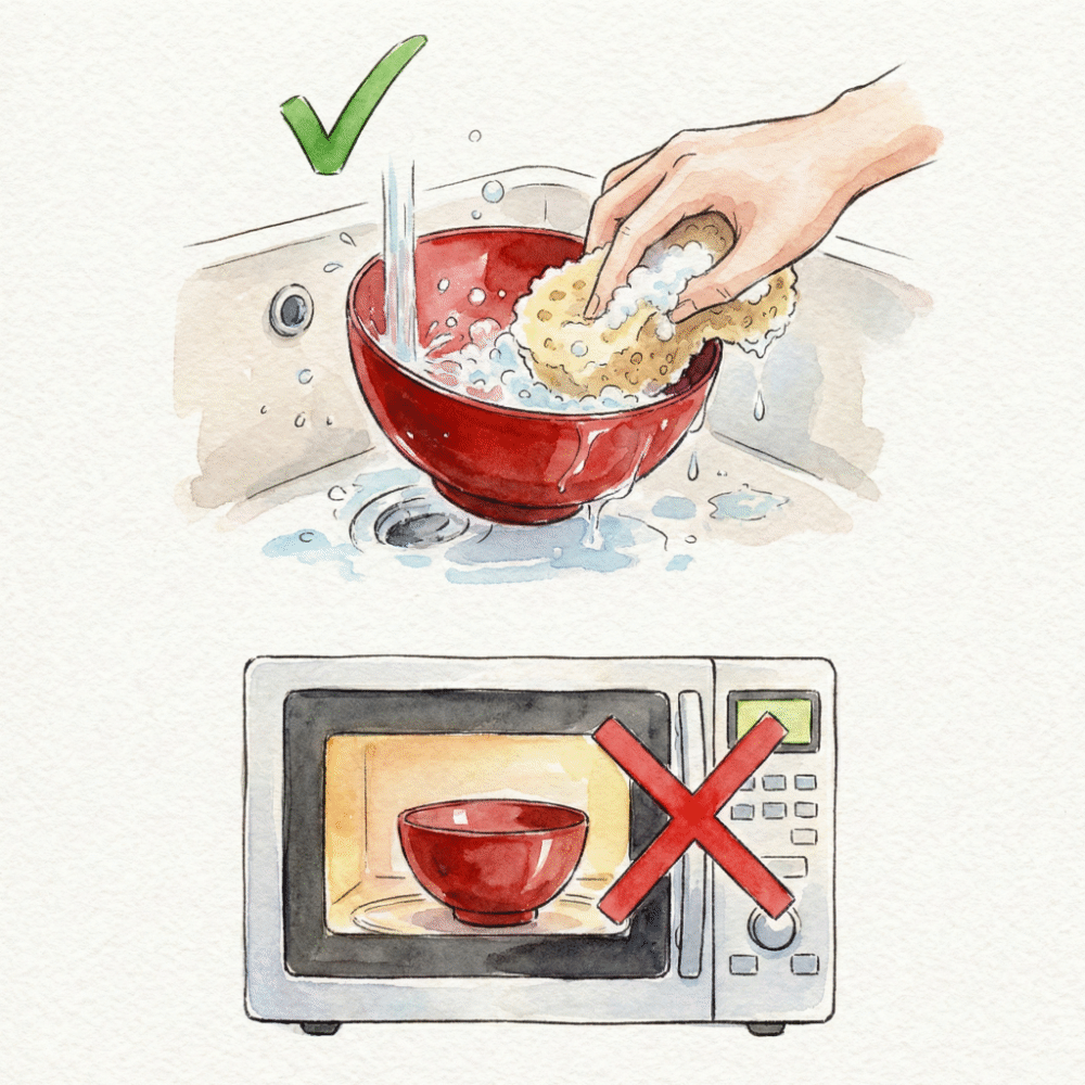 Illustration of gentle hand-washing of a lacquer bowl with a soft sponge, and a microwave with a prohibition symbol — the two essential care rules