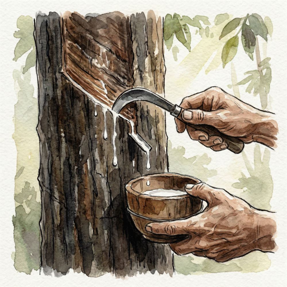 Illustration of a craftsperson scoring an urushi tree bark and collecting the milky-white sap — the traditional tapping technique