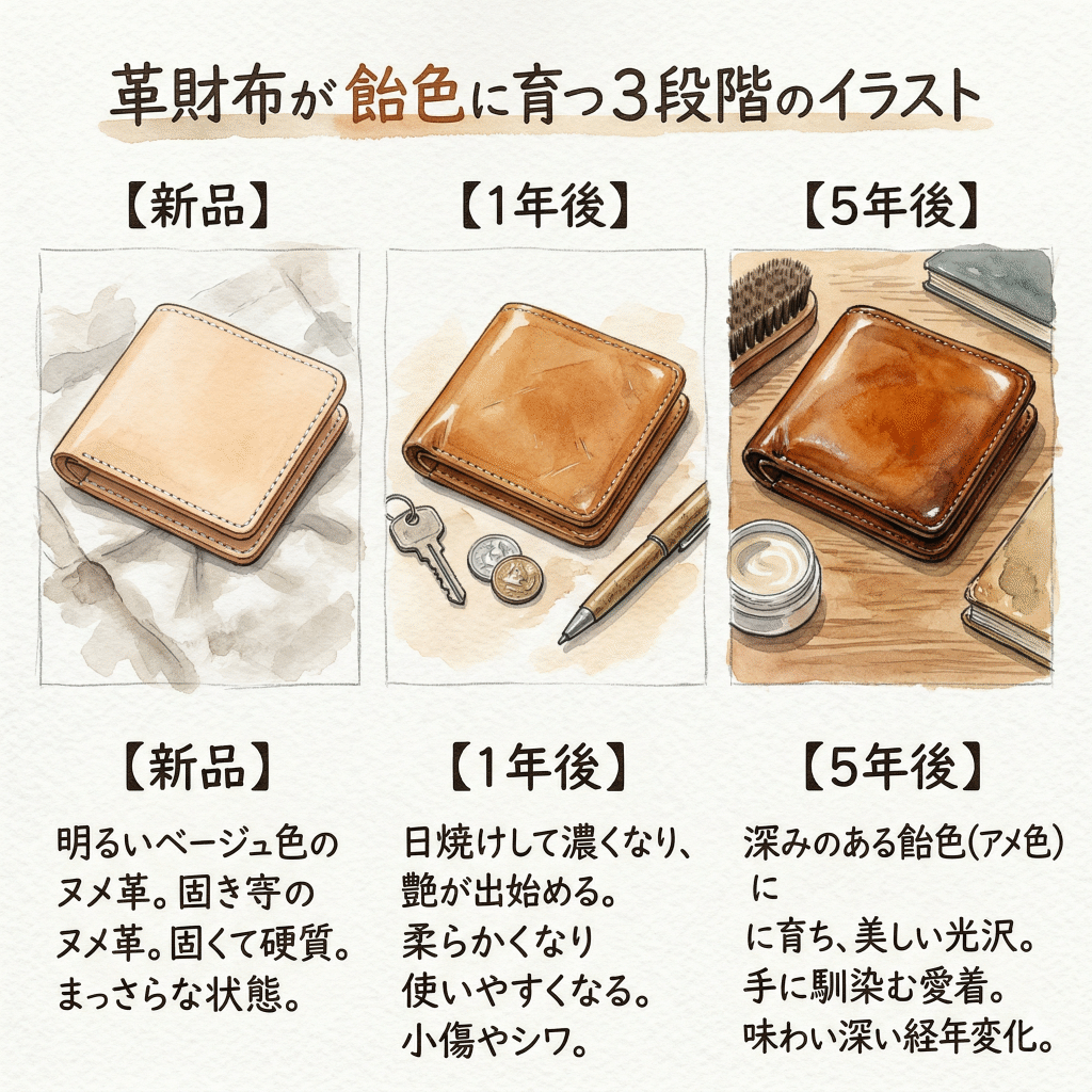 Illustration showing a leather wallet aging across three stages from pale to deep amber with a rich sheen