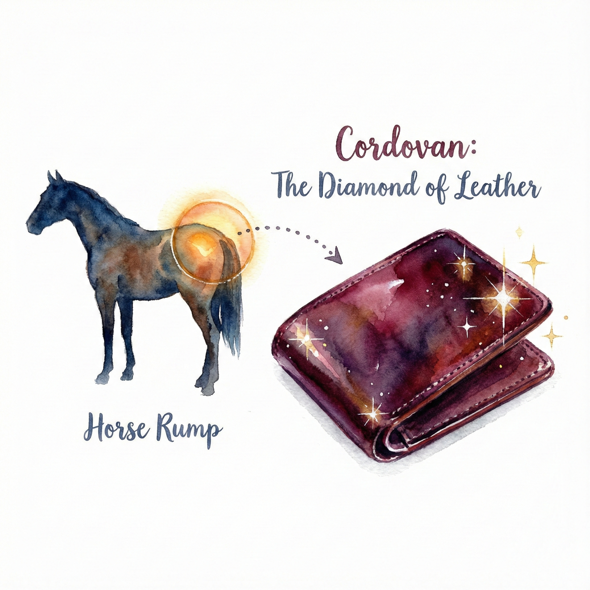 Illustration of a cordovan wallet gleaming with a gem-like lustre alongside the raw hide it's cut from