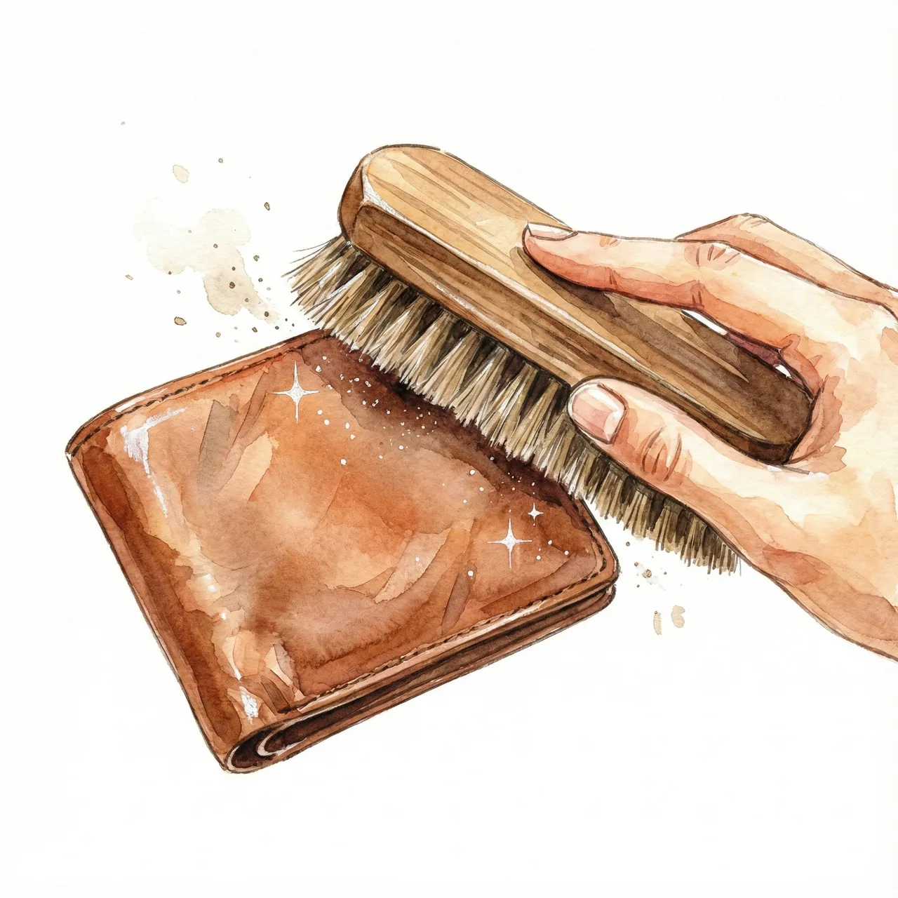 Illustration of a leather wallet being brushed with a soft horsehair brush
