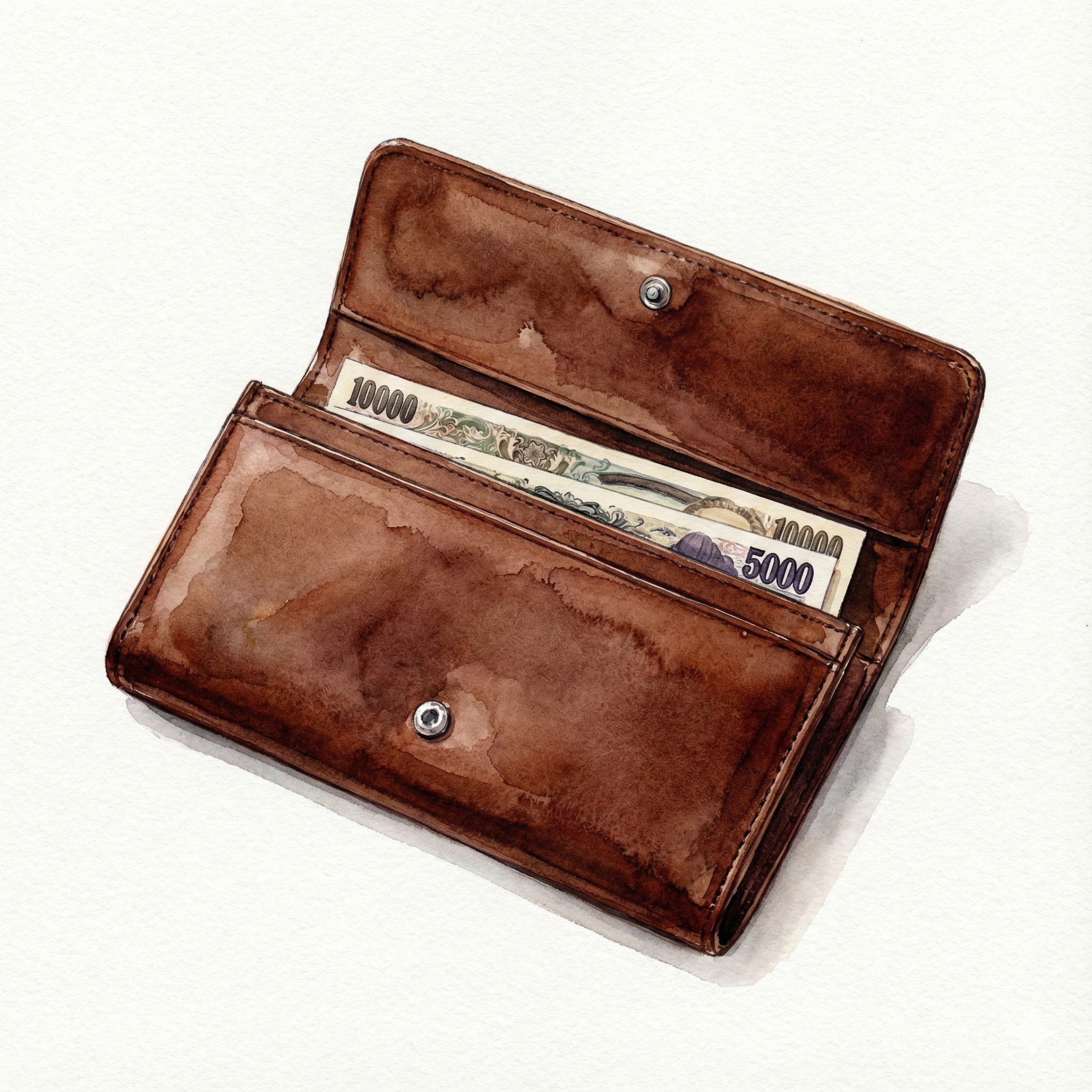 Illustration of a full-length Japanese leather long wallet with notes stored flat
