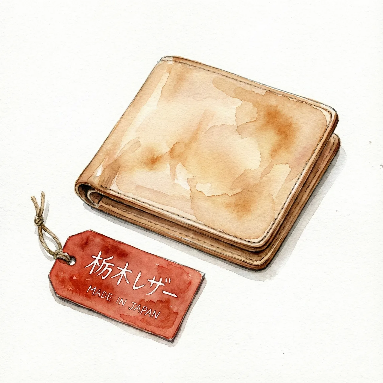 Illustration comparing a new Tochigi Leather wallet with the same wallet aged to a deep amber colour, showing the red authenticity tag