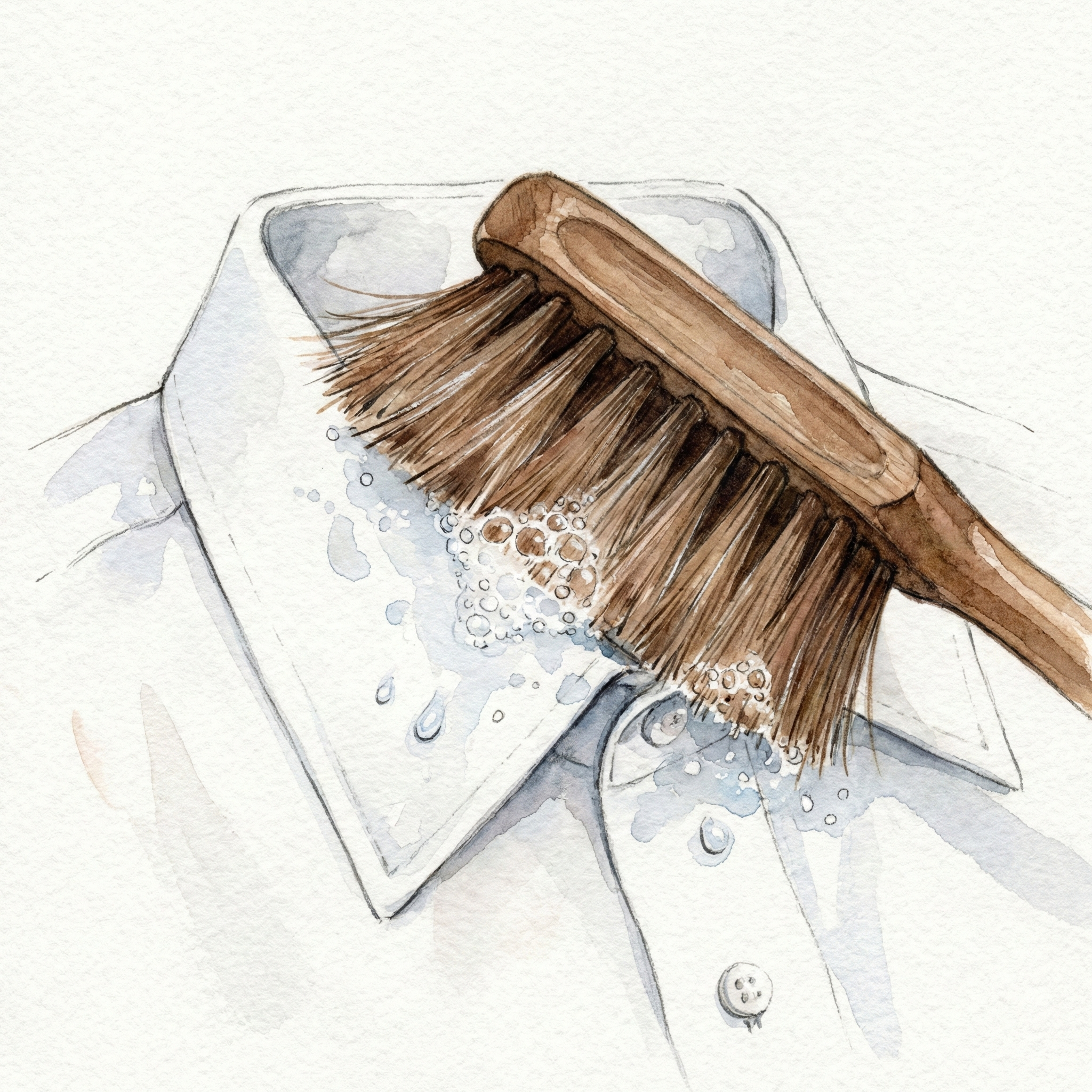 Close-up illustration of soft horsehair bristles gently scrubbing a dress shirt collar clean