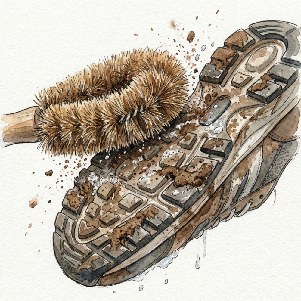 Illustration of stiff palm fiber scrubbing mud off the sole of a sneaker