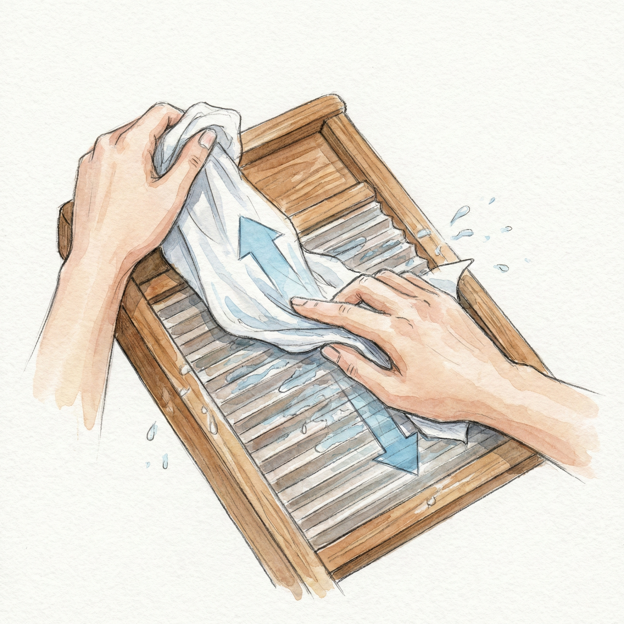 Illustration of hands lightly sliding a dress shirt along a washboard's grooves — correct technique shown with directional arrows