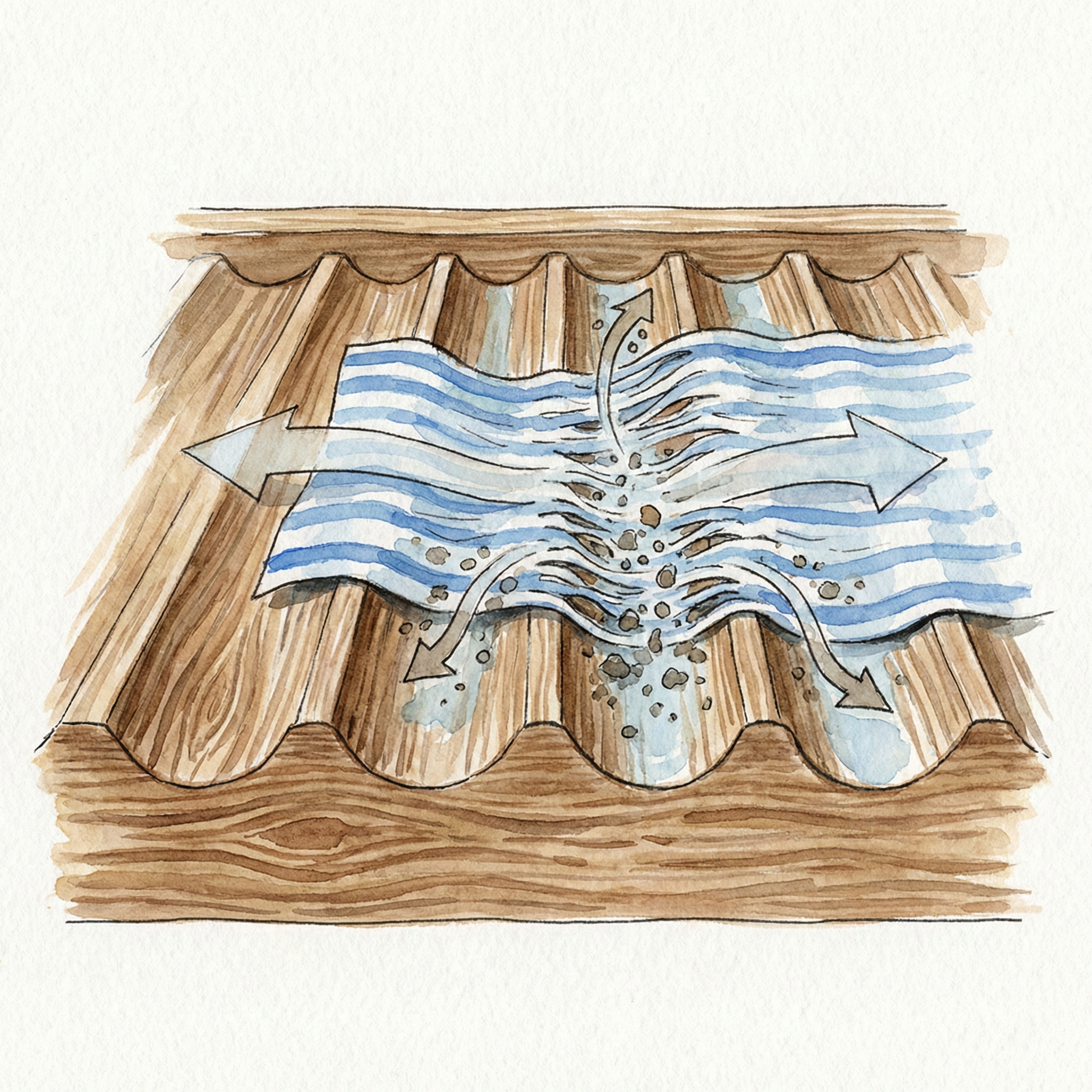 Cross-section illustration showing how fabric slides over a washboard's ridges, causing fibers to open up and push dirt to the surface