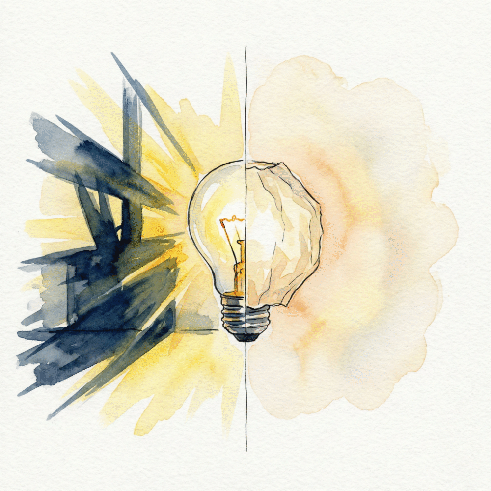 Diagram showing how a sharp bulb beam passes through washi paper fibers and softens into diffused light spreading in all directions