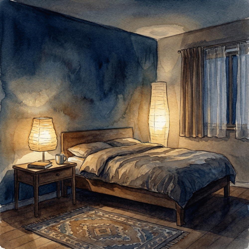 A living room corner lit only by a washi floor lamp, with the main light off, creating a calm evening atmosphere