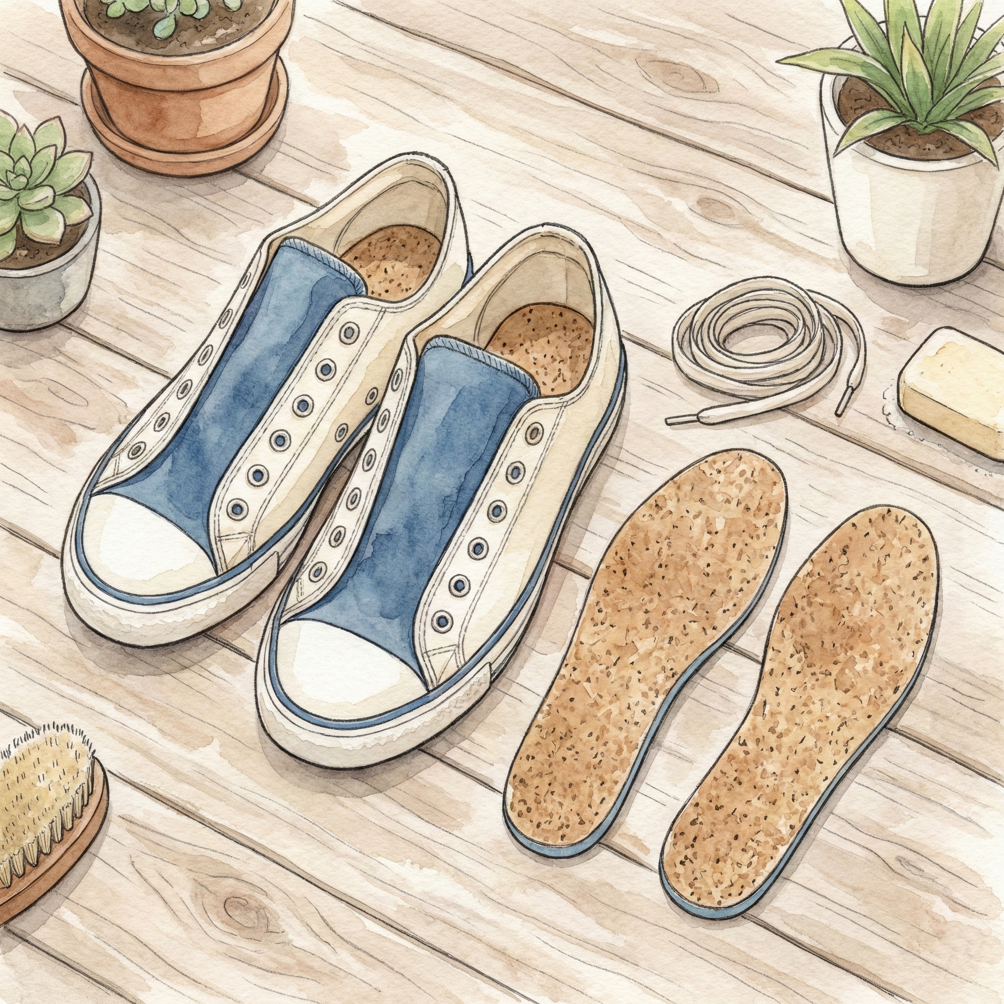 Illustration of a sneaker being disassembled — laces and insole removed and set aside