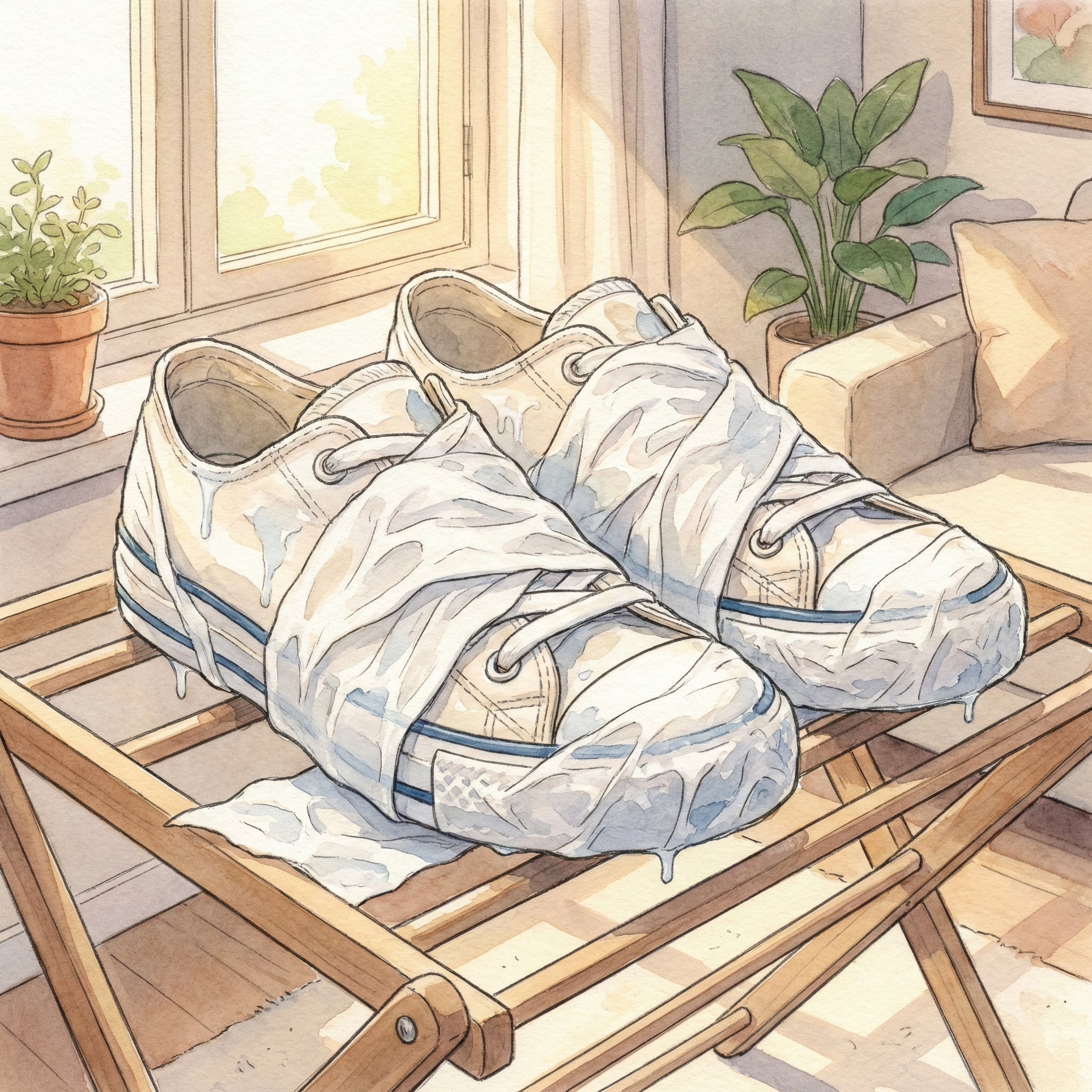 Illustration of a freshly washed sneaker wrapped completely in toilet paper and left to dry