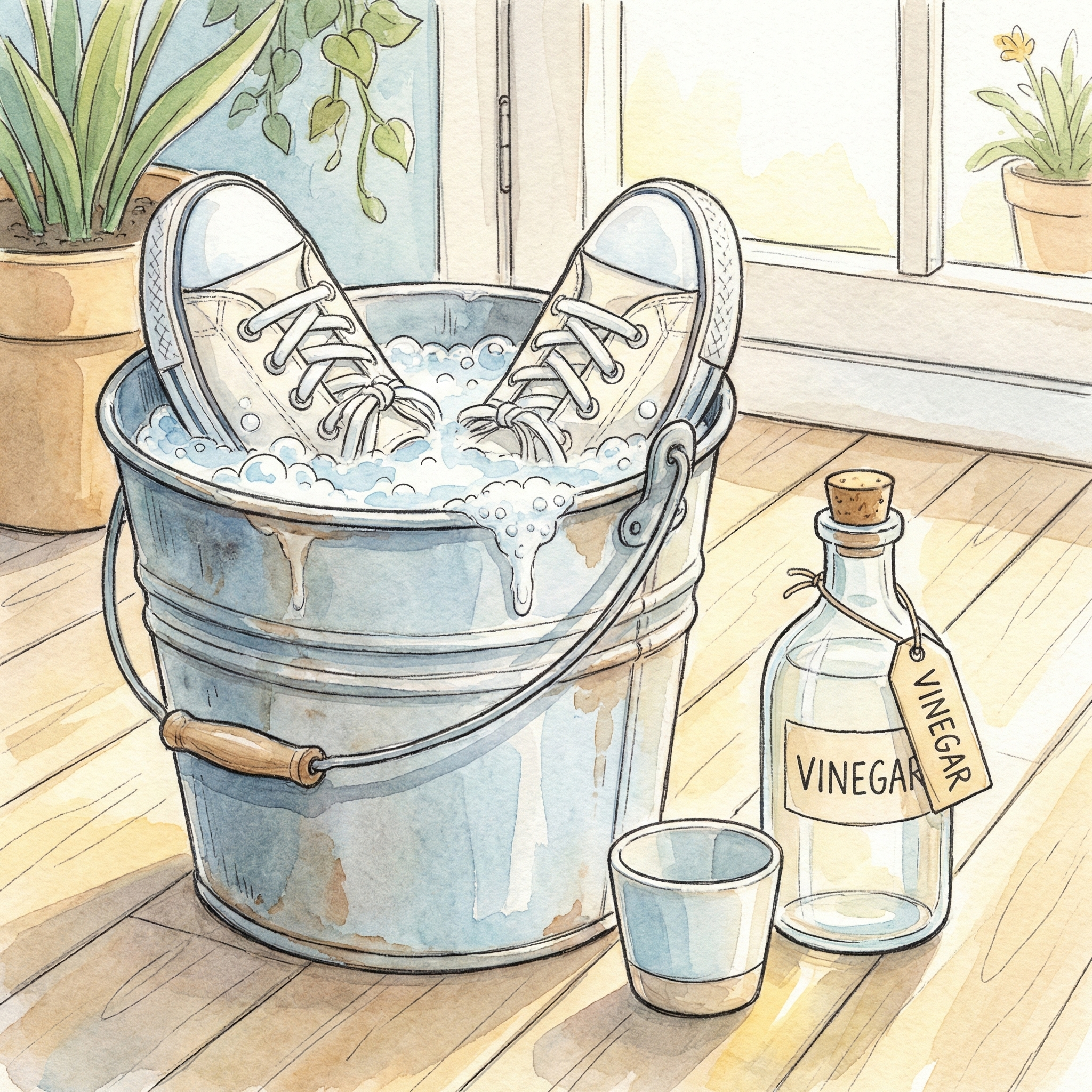 Illustration of vinegar being added to a bucket of rinse water before the final soak