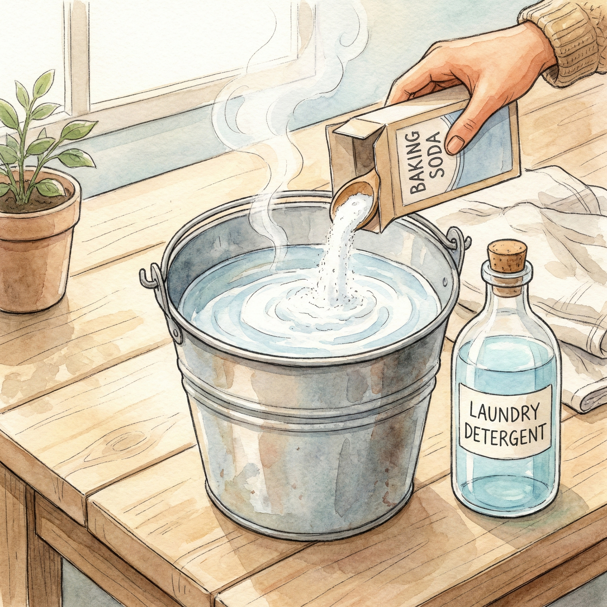 Illustration of hot water being poured into a bucket with detergent and baking soda