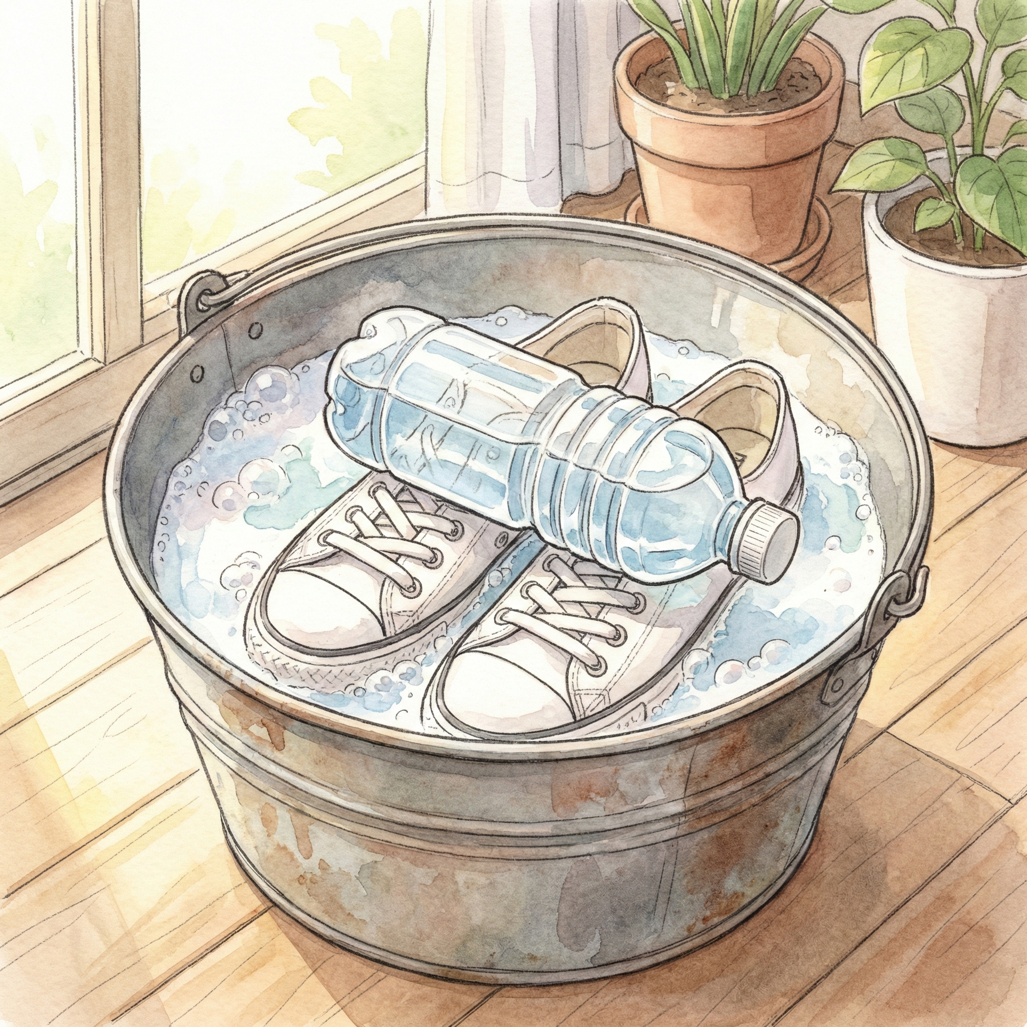 Illustration of sneakers soaking in a bucket, held down by a water bottle as a weight