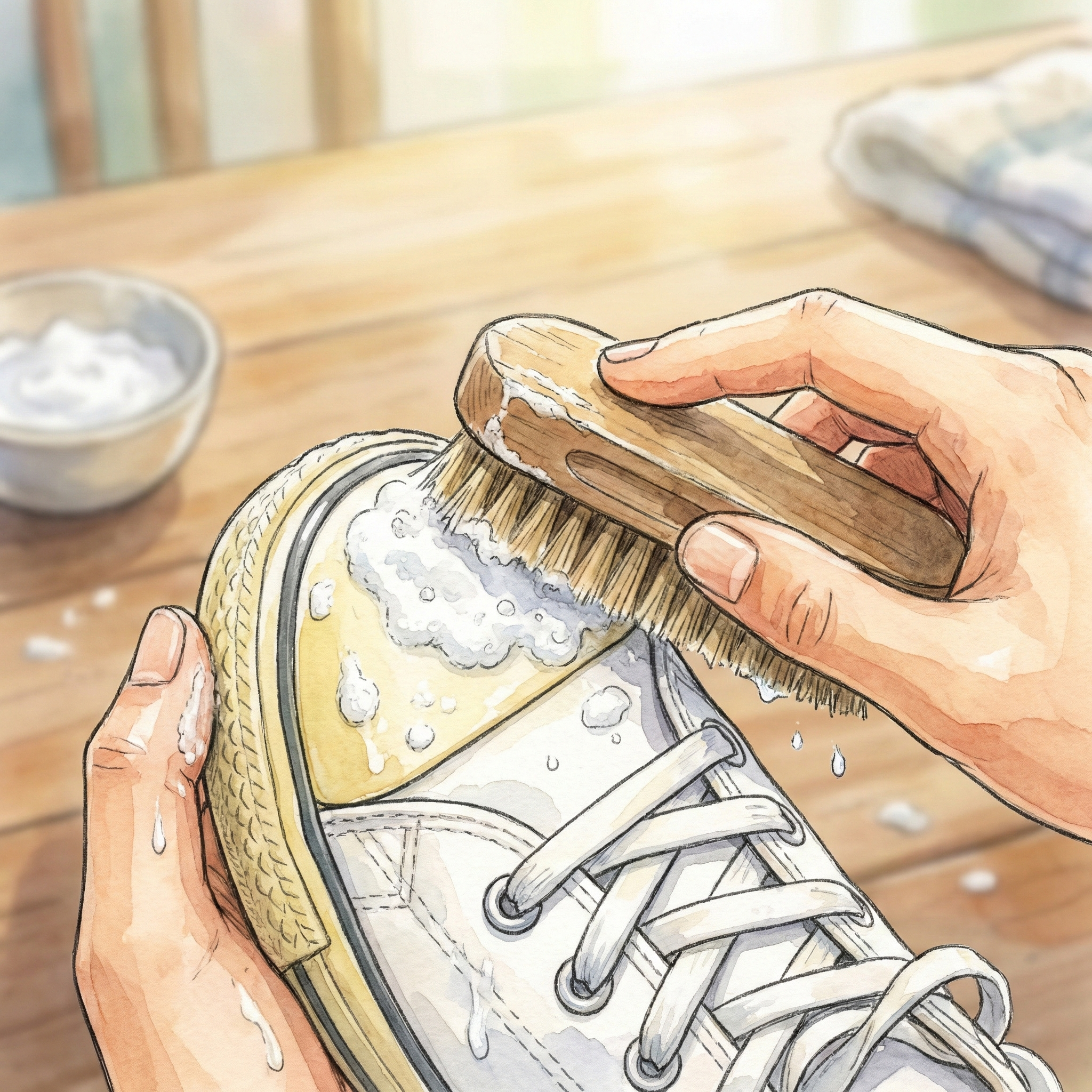 Illustration of baking soda paste being applied to the toe cap and scrubbed with a brush