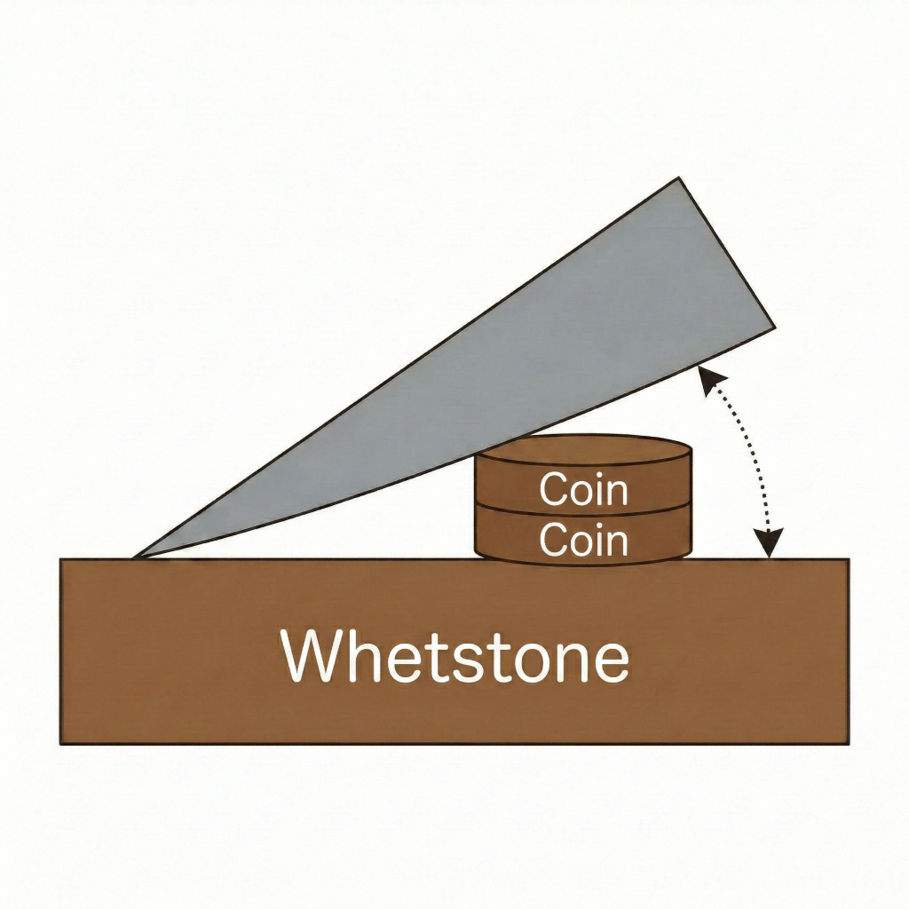Illustration showing a Japanese knife held at 15 degrees against a whetstone, with a 10-yen coin stacked to demonstrate the correct angle gap