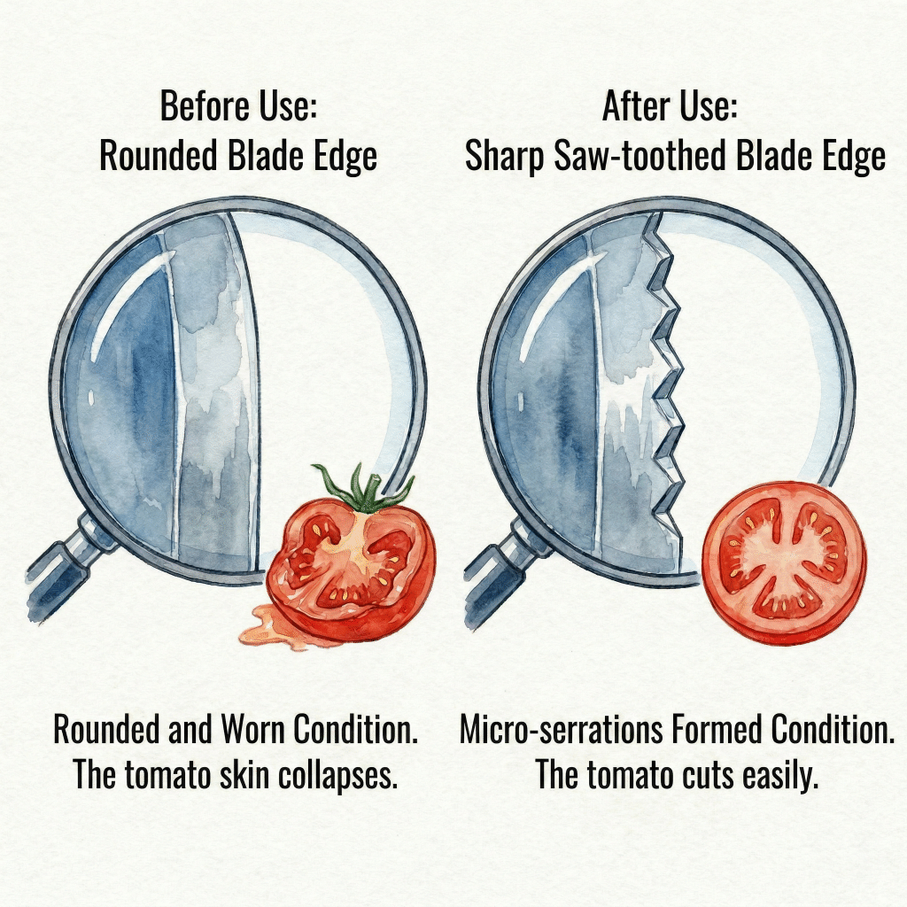 Microscopic cross-section illustration showing a sharp knife edge with fine serrations vs. a dull rounded edge