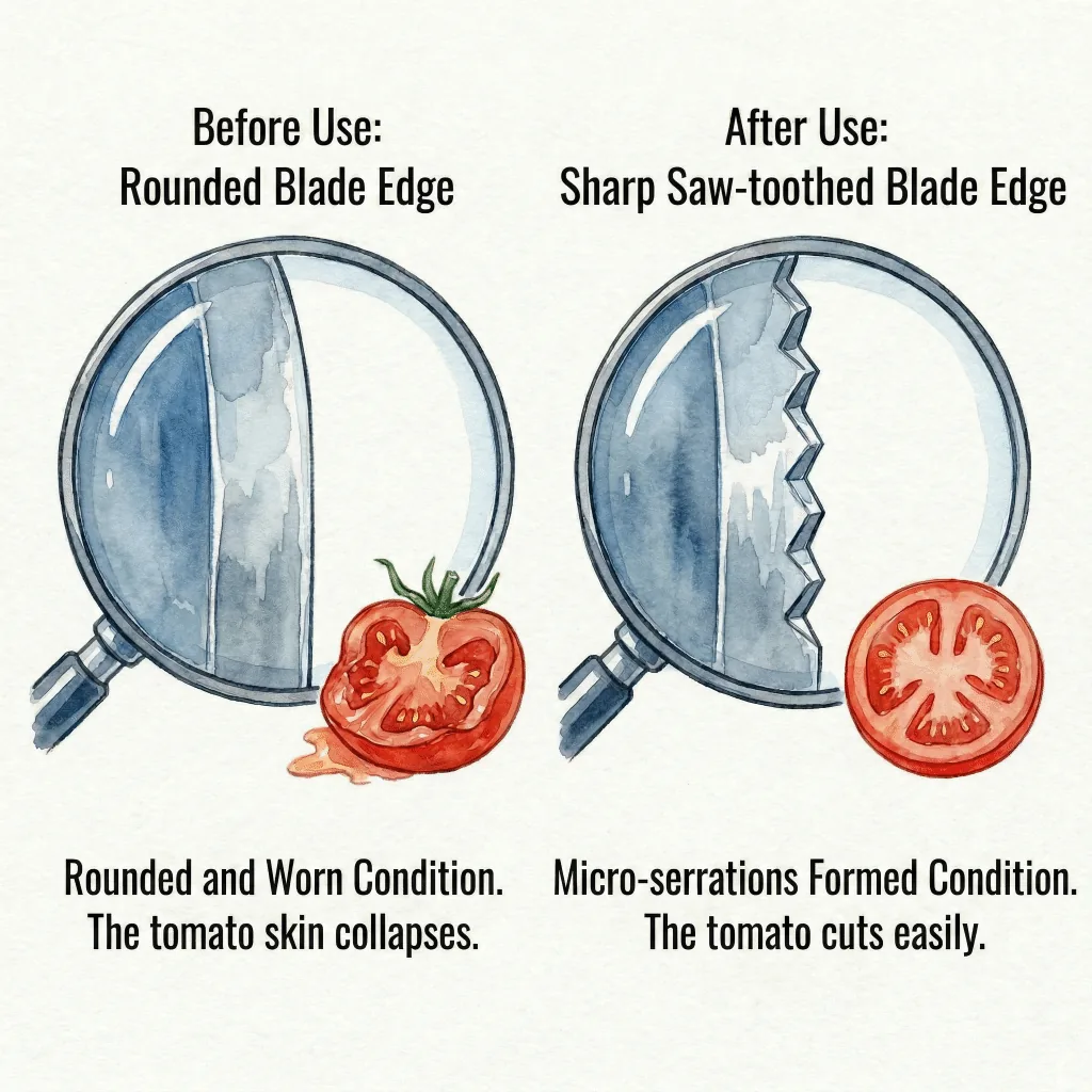 Microscopic cross-section illustration showing a sharp knife edge with fine serrations vs. a dull rounded edge